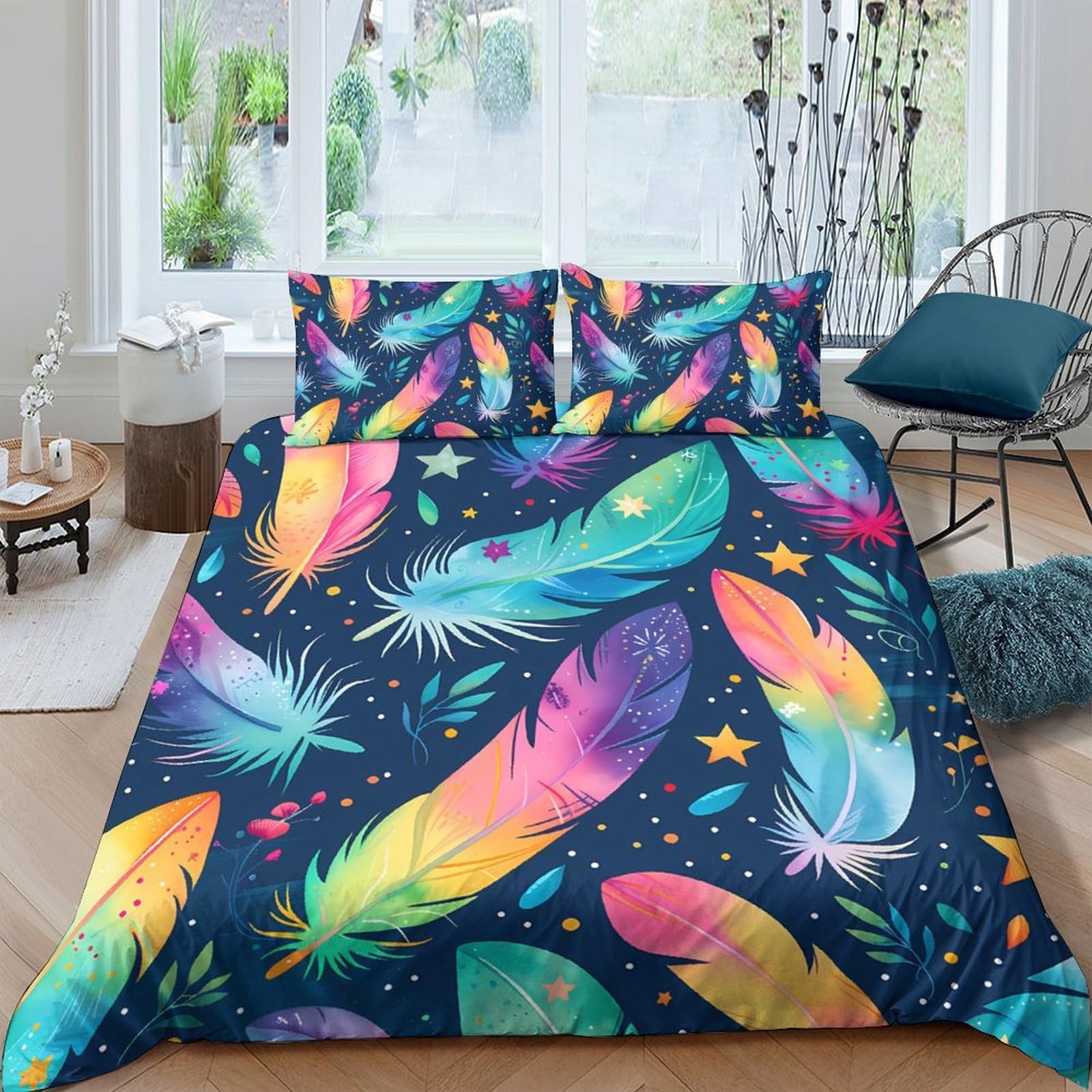 Ctjqhvkz Style-7 3D Printed Colorful Feather Fitted Sheet Microfiber Soft Breathable Dream Night Bed Cover For Bedroom Dorm Décor Single（135X200cm）