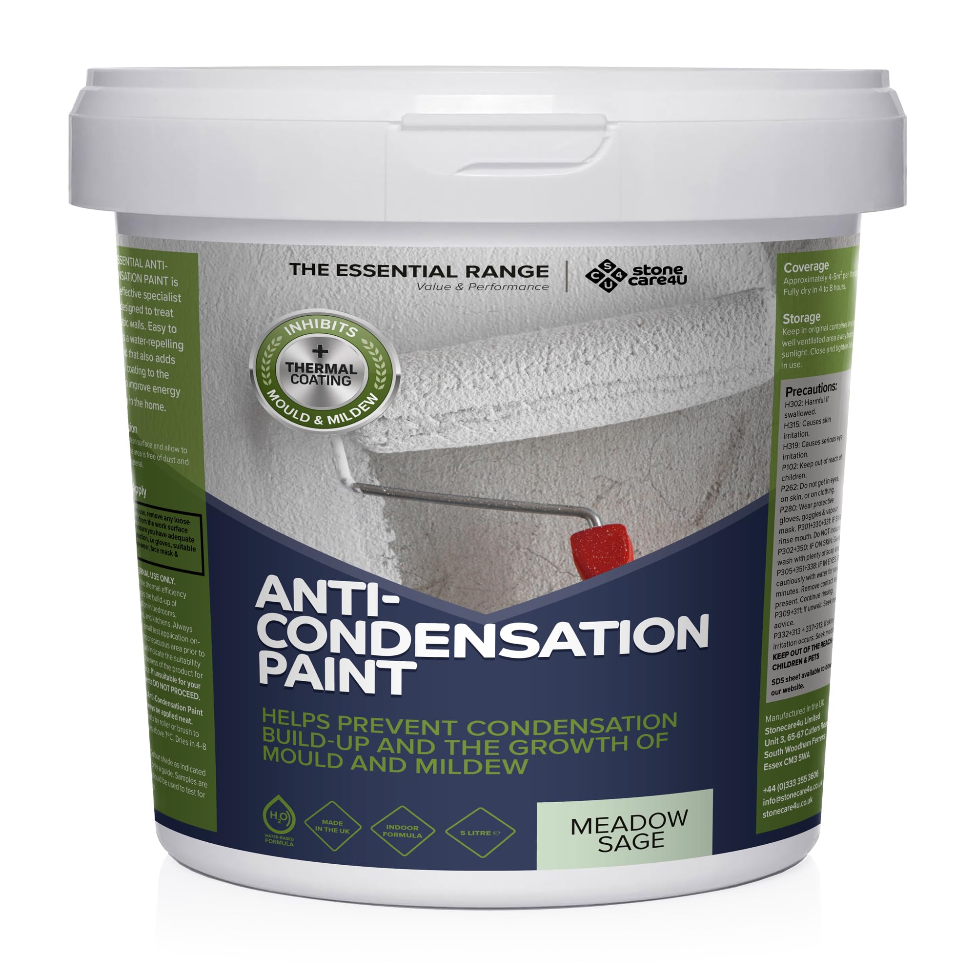 Stonecare4u Anti-Condensation Paint - Meadow Sage, 5 Litre - Internal Paint for Wall, Ceiling, Bathroom, Kitchen, Bedroom & Lounge - Reduces Condensation & Protects Against Mould, Mildew & Damp
