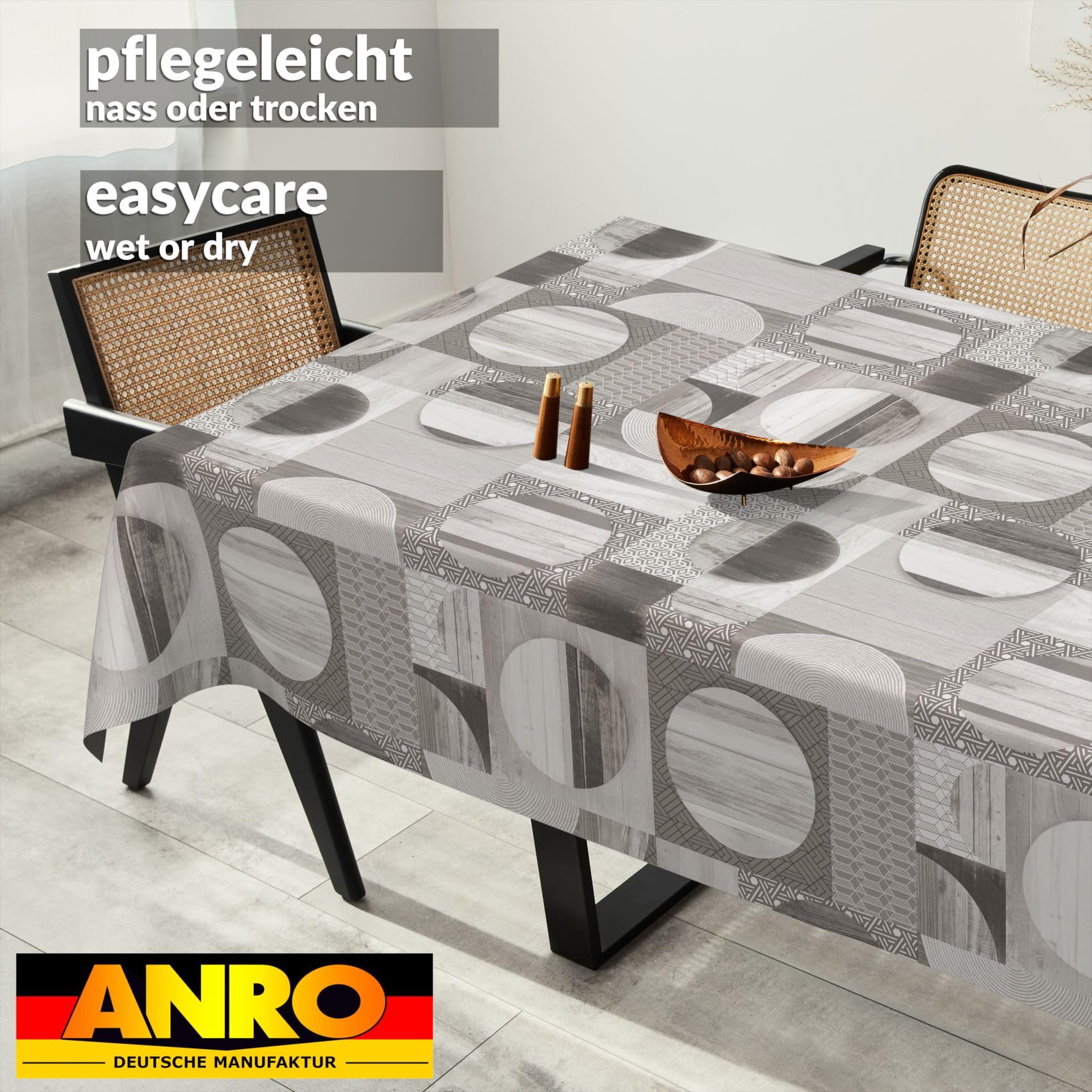 ANRO Tovaglia in tela cerata impermeabile lavabile 160 x 140 cm grigio legno Patchwork