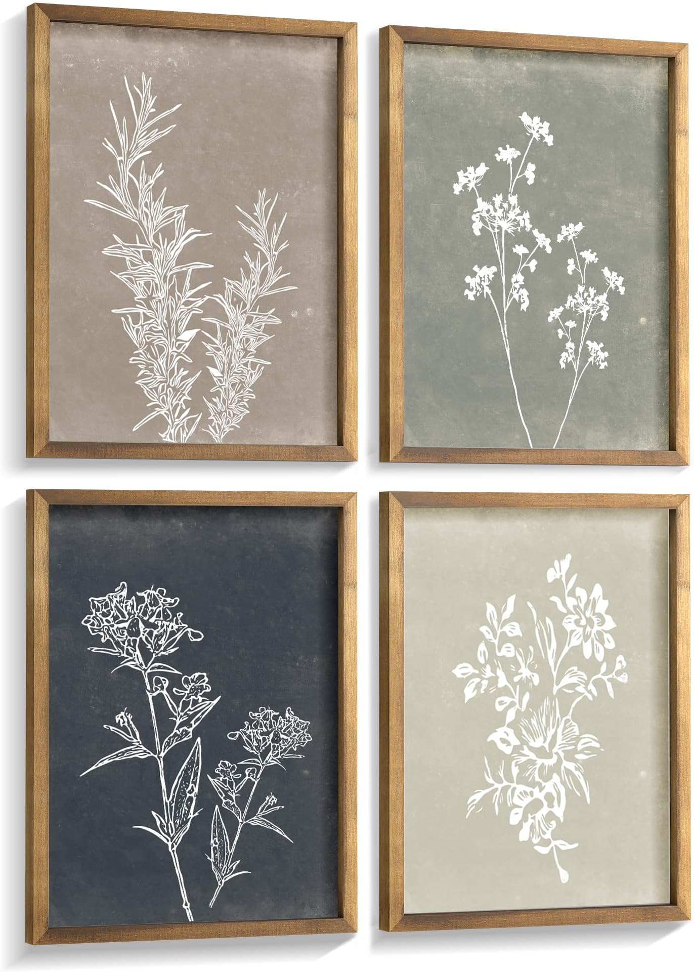 Framed Boho Wall Art Set of 4 for Wooded Minimalist Botanical Print Wall Art for Rustic Vintage Farmhouse Home Kitchen Wall Decor (Brown, 11x14)