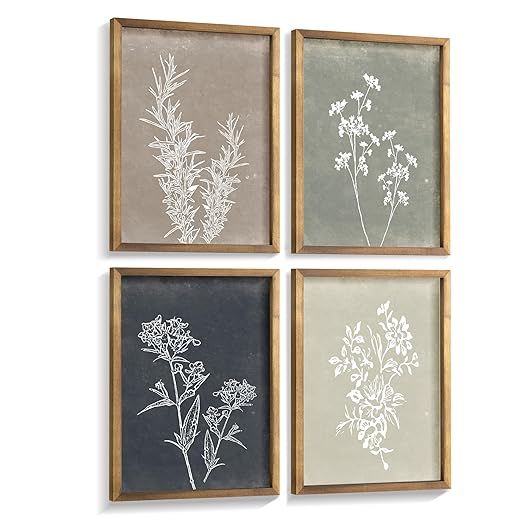 Framed Boho Wall Art Set of 4 for Wooded Minimalist Botanical Print Wall Art for Rustic Vintage Farmhouse Home Kitchen Wall Decor (Brown, 12x16)