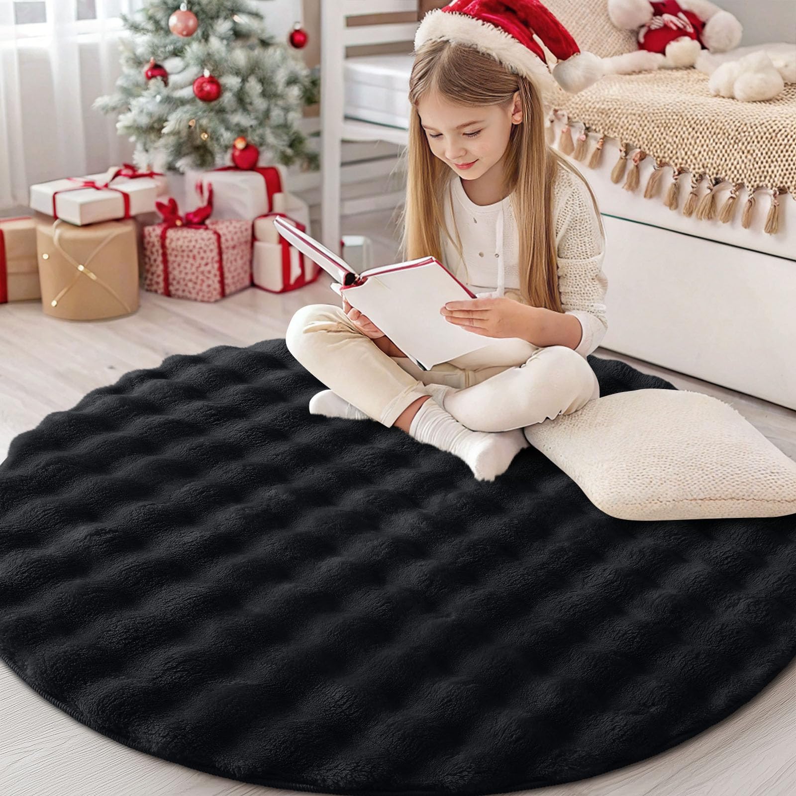 Homaxy 3D Bubble Washable Small Rugs Living Room 120 cm Round, Black