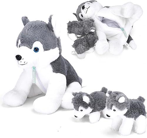 Snug A Babies Snuggly Husky - Juego de animales de peluche  Mamá Husky de 16 pulgadas y dos adorables cachorros de peluche de 6 pulgadas en el