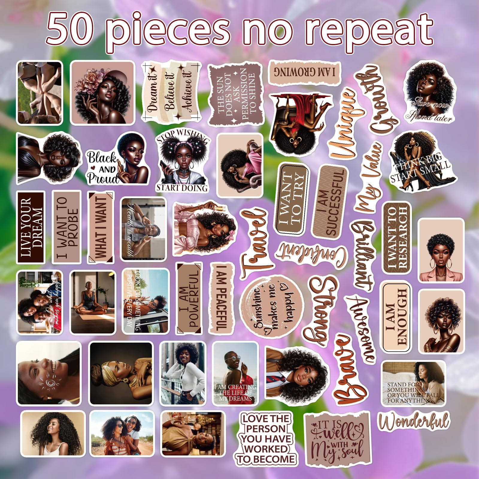 A collection of 50 distinct Black women-themed inspirational stickers made from waterproof vinyl, ready for personalization on various items.