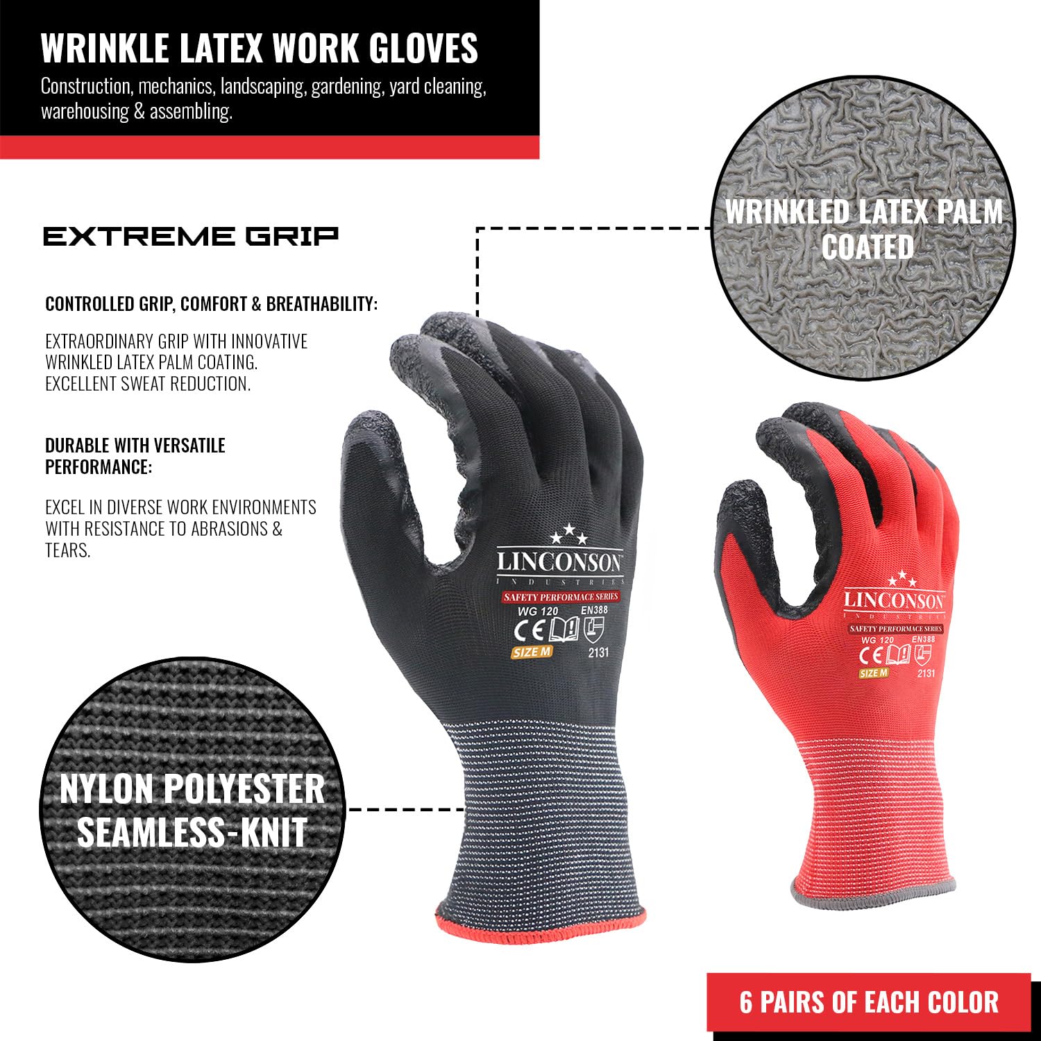Linconson Safety Performance Series - Guantes de trabajo (12 unidades, látex plisado, para mecánicos de árboles