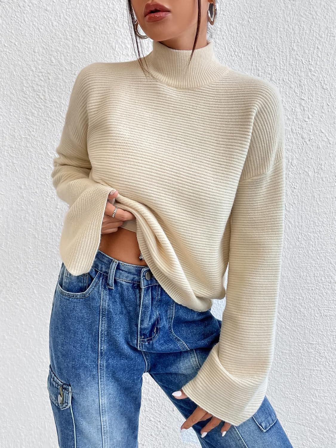 Women's Sweater High Neck Drop Shoulder Sweater Sweater for Women (Color : Beige, Size : Medium)