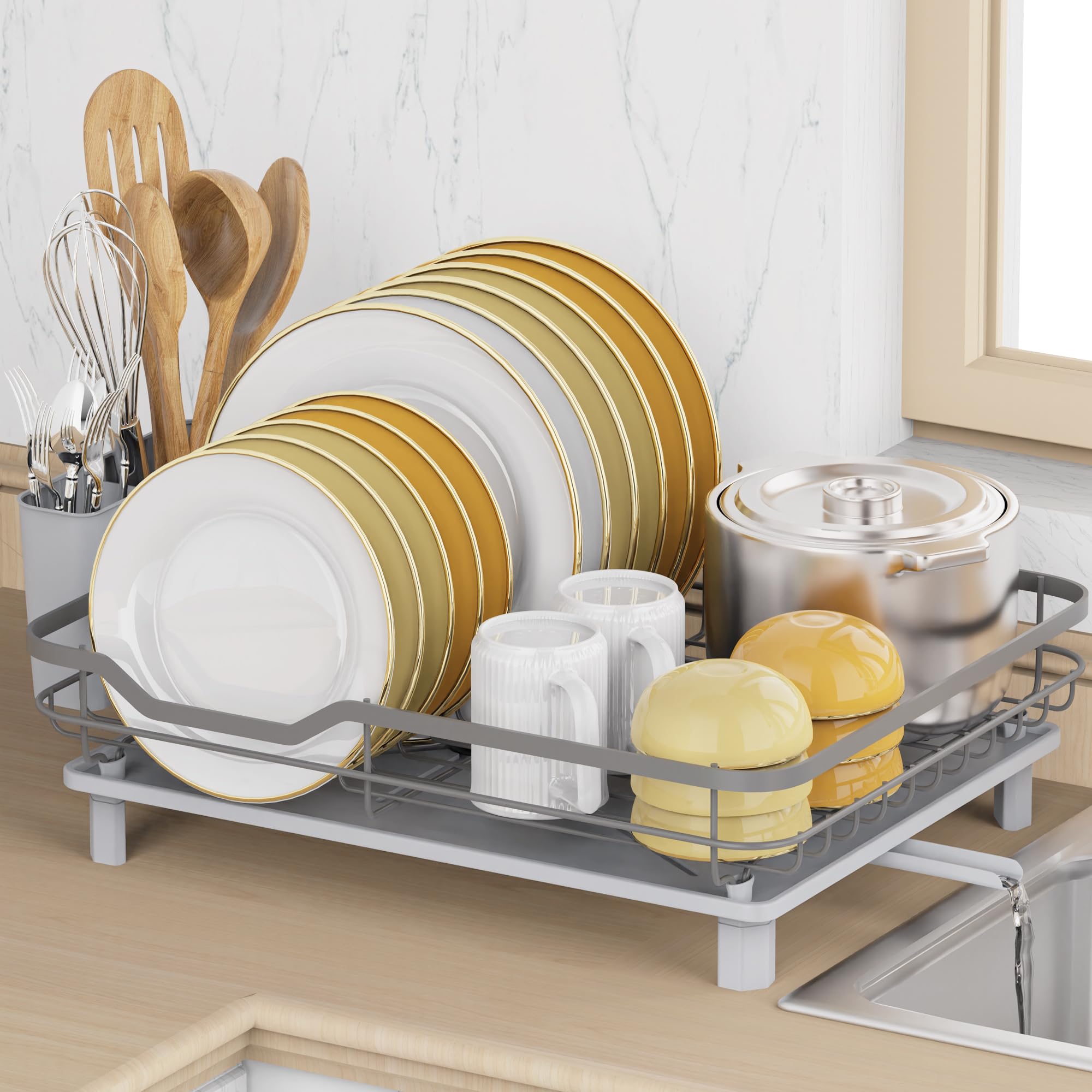ROTTOGOON Escurreplatos de acero inoxidable para encimera de cocina, escurridor de platos duradero con escurridor, drenaje, soporte para utensilios para varios utensilios de cocina, 16.9 pulgadas de