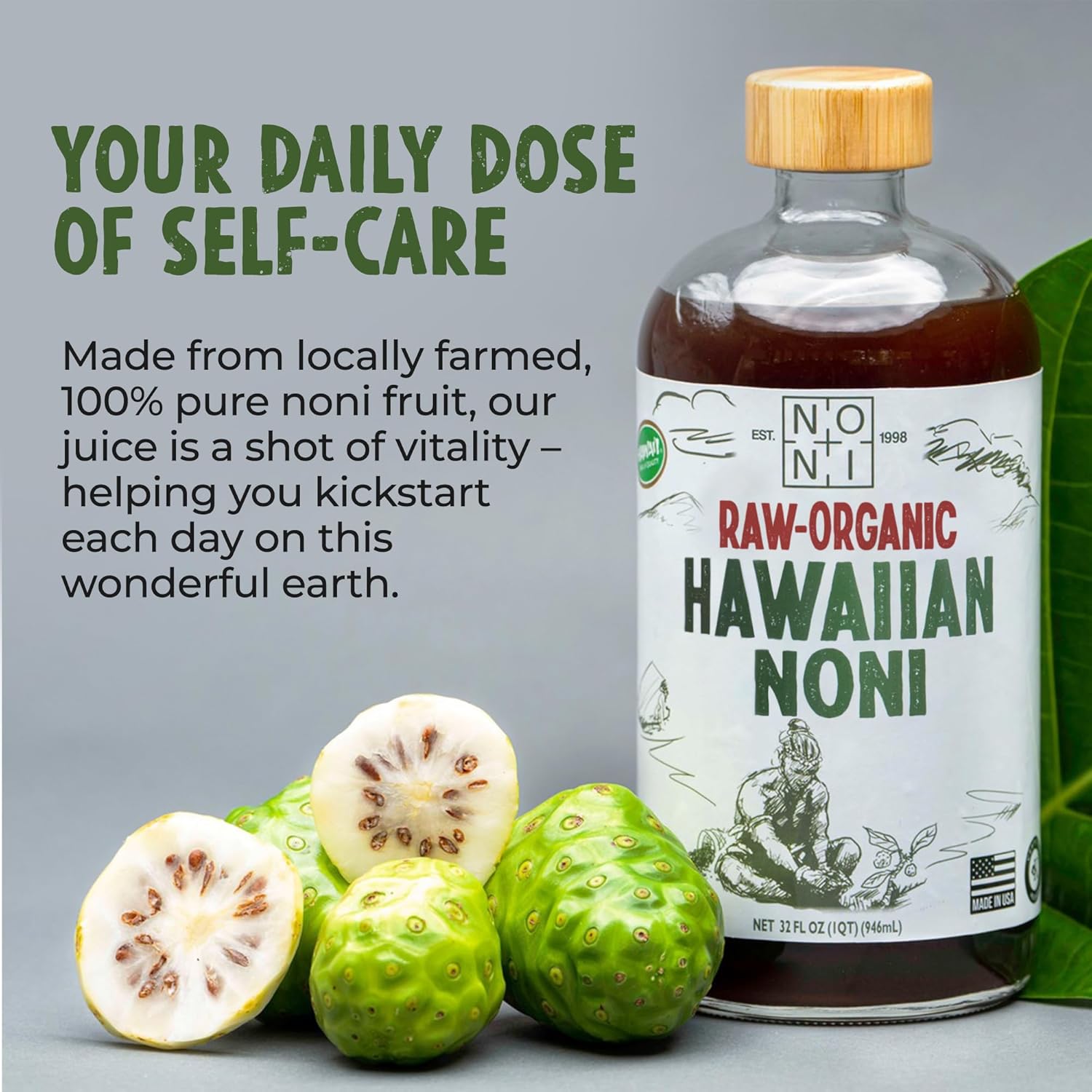 Healing Noni - 100% Pure RAW Noni Juice - USDA Organic, Premium Strength, Cold Pressed, Hawaiian-Grown Superfood - (32oz, 1 Pack)