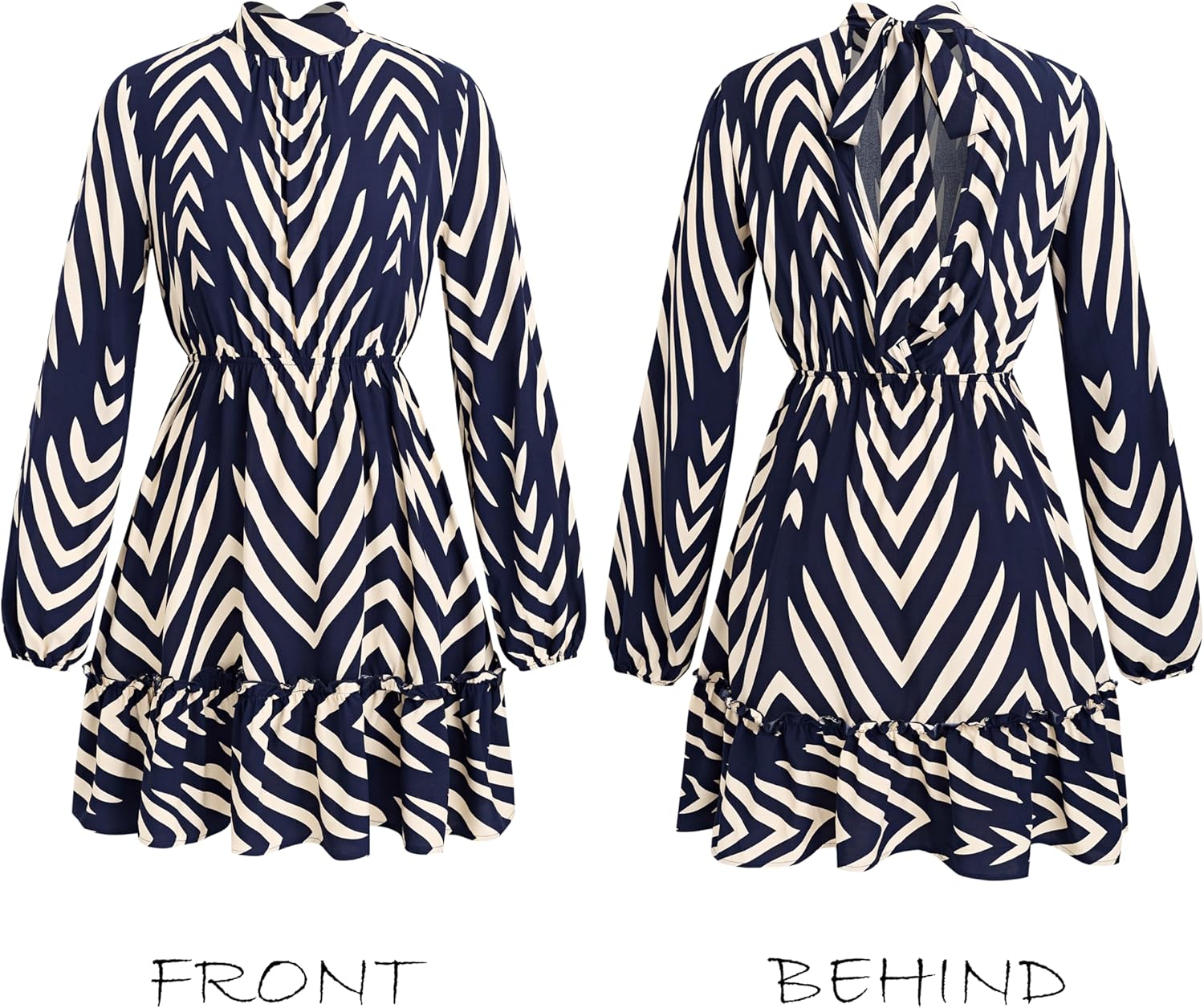 CUPSHE Ruffle Fall Dress for Women Geometric Stand Collar Long Sleeve Back Tie Cutout Smocked Mini Dresses - Image 6