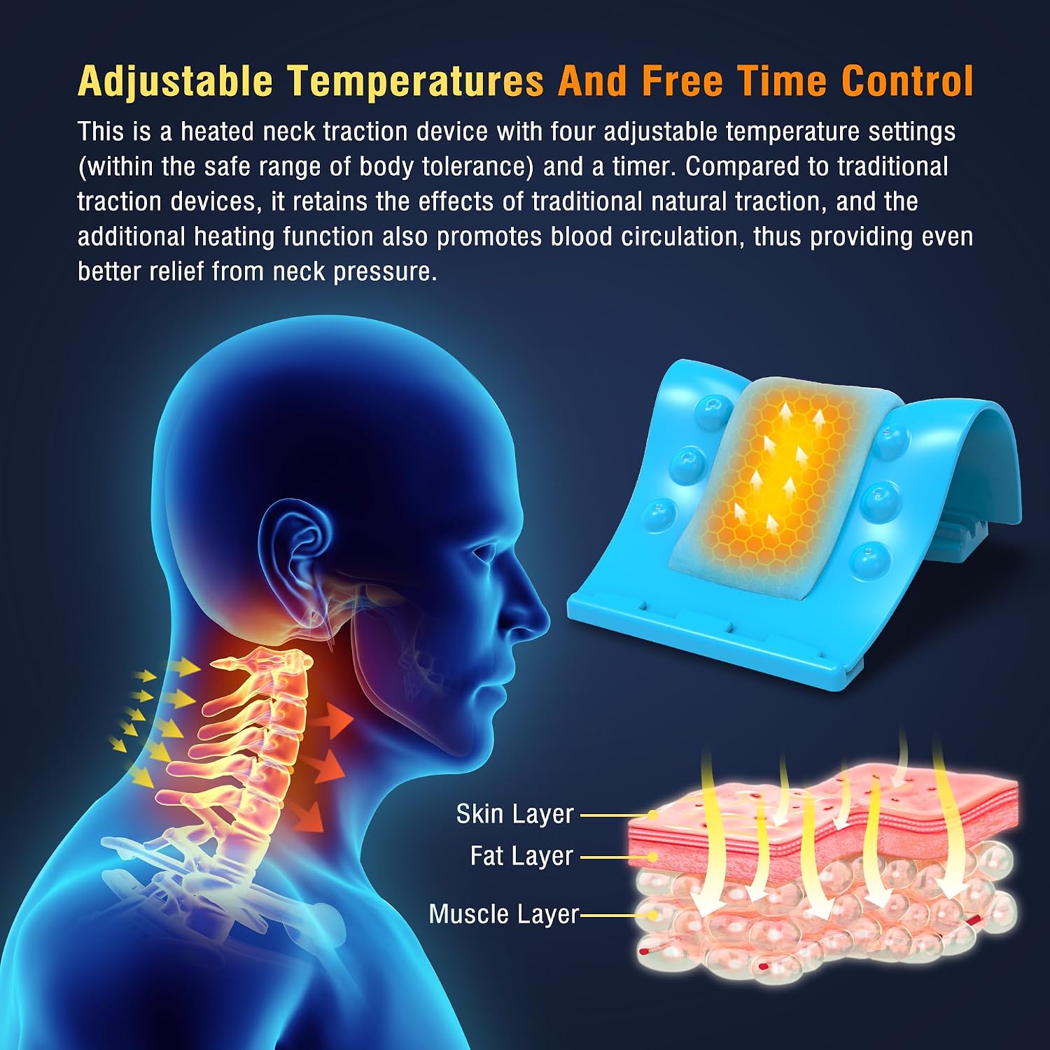 Cervical Traction Device - Heated Neck Stretcher for Instant Neck Pain Relief, Tension Headache Reduction, and TMJ Pain Relief, with Cervical Spine Pillow to Correct Neck Hump(Blue)