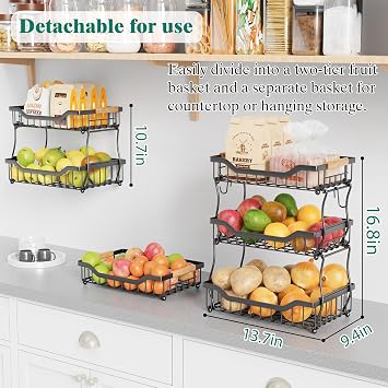 Giwil 3 Tier Countertop Fruit Basket for Kitchen, Vegetable Storage Bread Fruit Bowl Stand with 2 Banana Hooks, Wall Mounted Metal Wire Basket Organizer for Potato Onion, Black