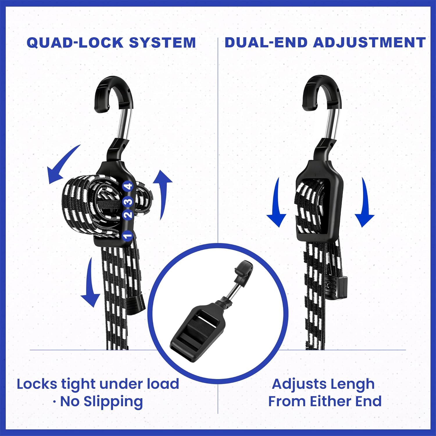 Flat Adjustable Bungee Cords with Hooks — Heavy-Duty 4-Latch, Dual-End Adjustable Elastic Bungee Straps for Cargo, Truck, Bike, Camping & Outdoor Tie-Down, Black/White 4-Pack (48-Inch)