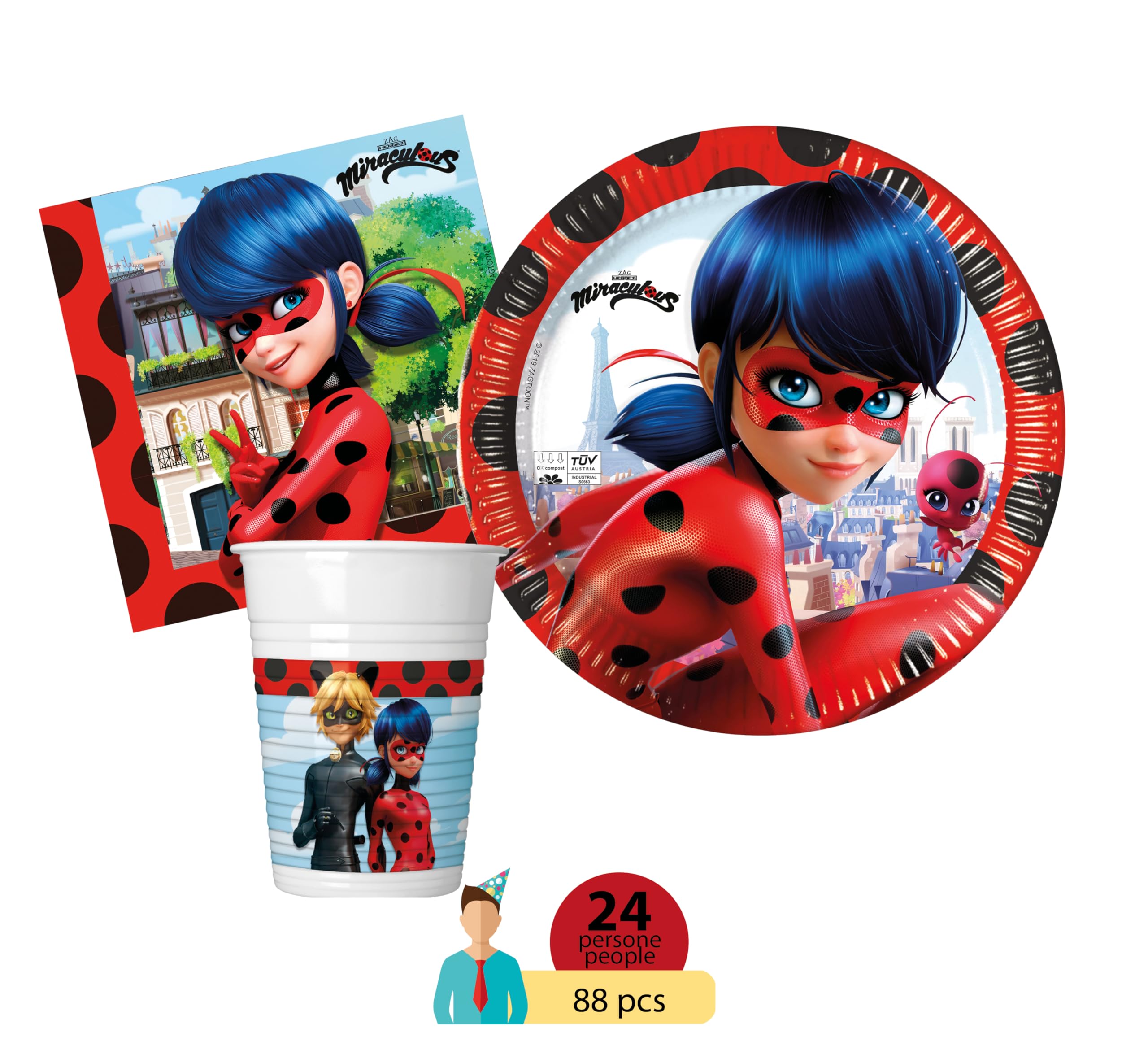 Kit Party Tavola Miraculous Ladybug per 24 persone (88 pezzi: 24 piatti Ø23cm, 24 bicchieri 200ml, 40 tovaglioli 33x33cm)