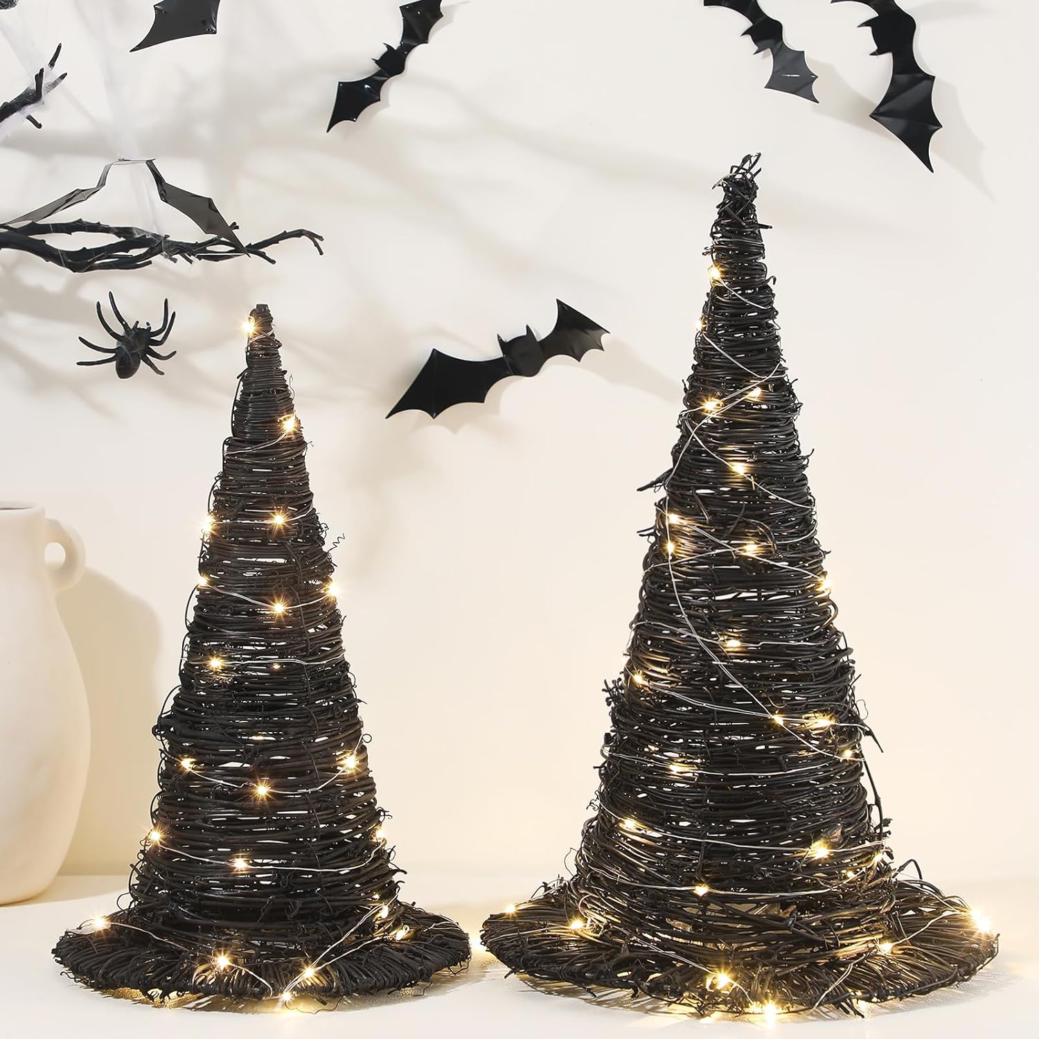 Leinuosen 2 Pcs Halloween Rattan Witch Hat Decor with String Lights Wicker Wizard Hats Woven Witch Hat for Indoor Outdoor Halloween Party Supplies Home Bedroom Garden Patio Backyard Decoration(Black)
