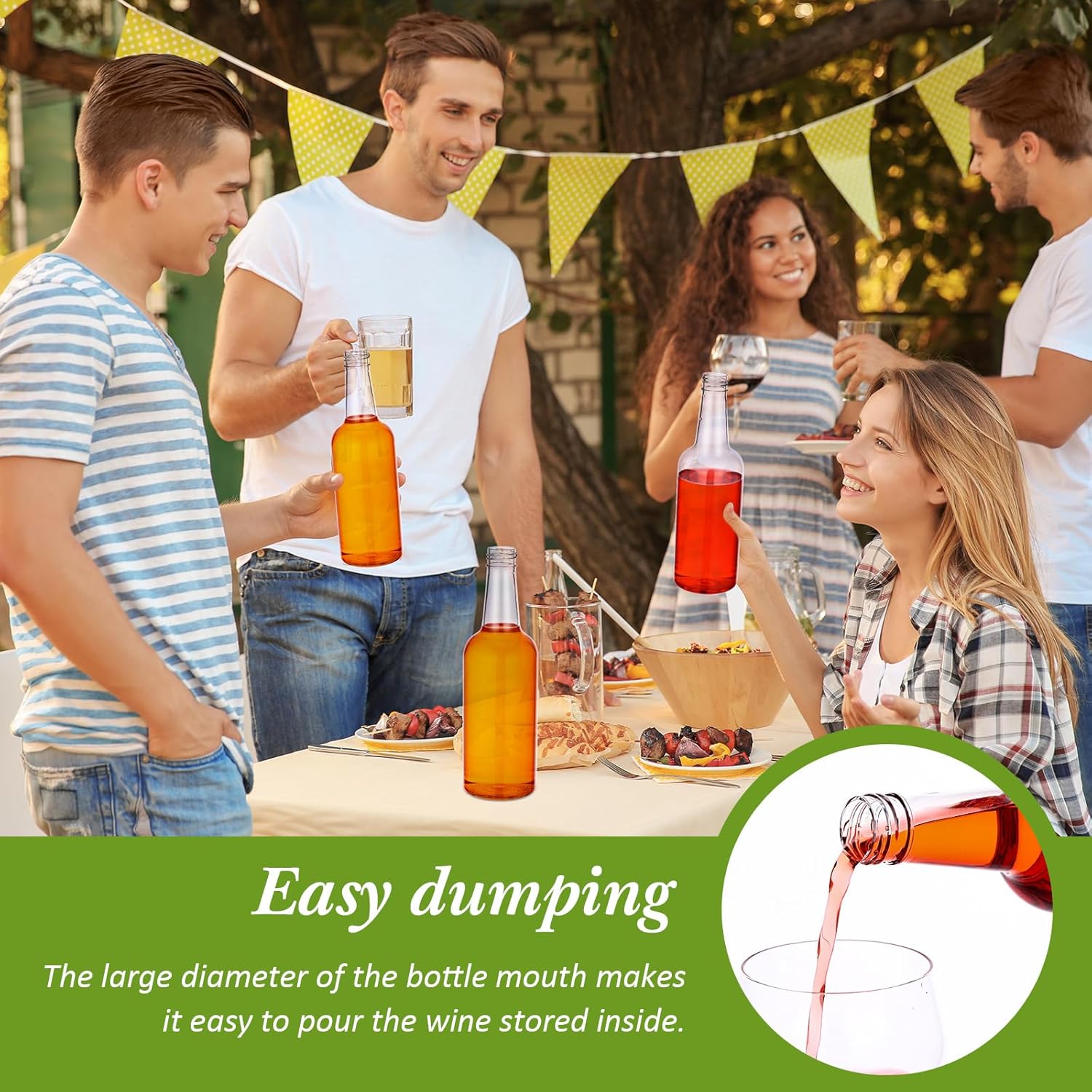 Patelai 24 Pcs Plastic Wine Bottles with Caps 11oz Long Neck Quart Plastic Bottles with Screw on Lids Empty Clear for Kitchen Home Bar Party Hold Liquor Drinks Wine Condiment Beverages