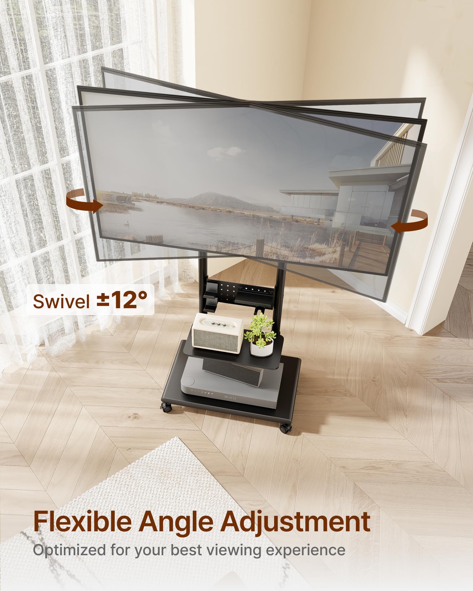 Mobile TV Stand on Wheels for 37-75 inch TVs up to 70kg, Swivel Mobile TV Cart with Shelf & Pegboard, Height Adjustable Rolling TV Trolley with Steel Base, TV Floor Stand Max VESA 600x400mm — view 4