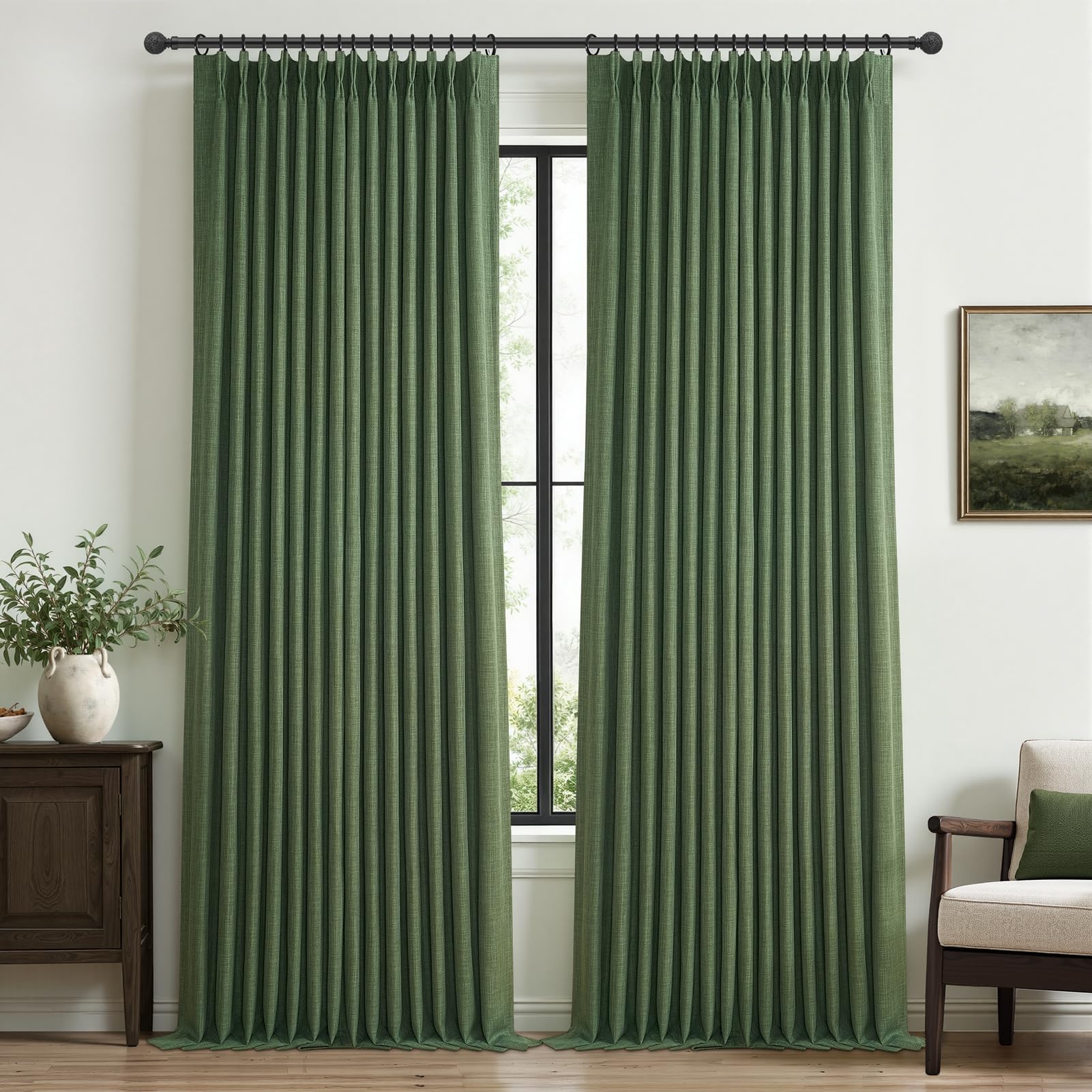 Olive Green Blackout Room Divider Curtains 92 Inches Long 2 Panels Set, Memory Trained Pinch Pleated Thermal Loden Linen Double Layer Soundproof Privacy Neutral Windows Curtain & Drapes with Back Tab