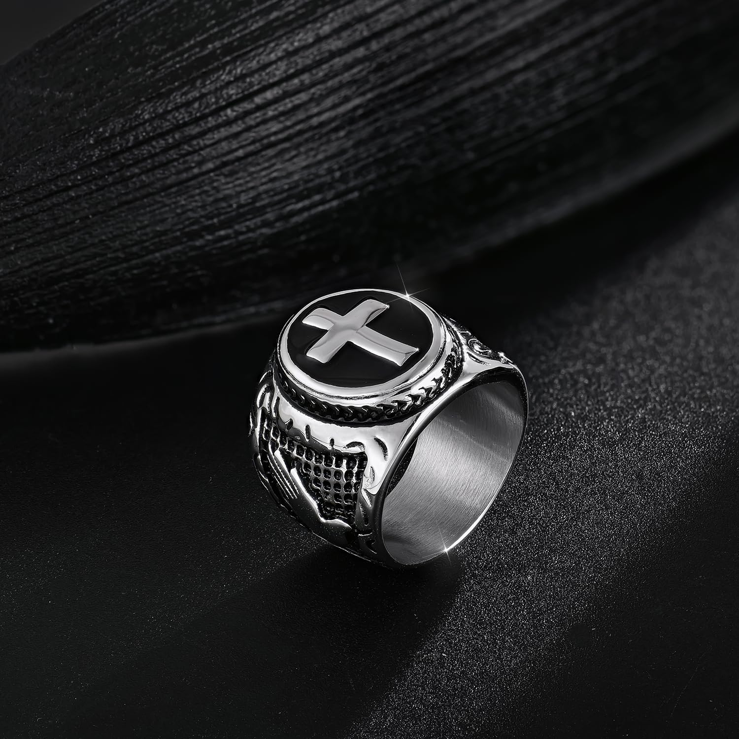 FATACI Vintage Men Ring Stainless Steel Religious Prayer Holy Cross Ring with Black Enamel Christian Jewelry Size8-12 - Image 4