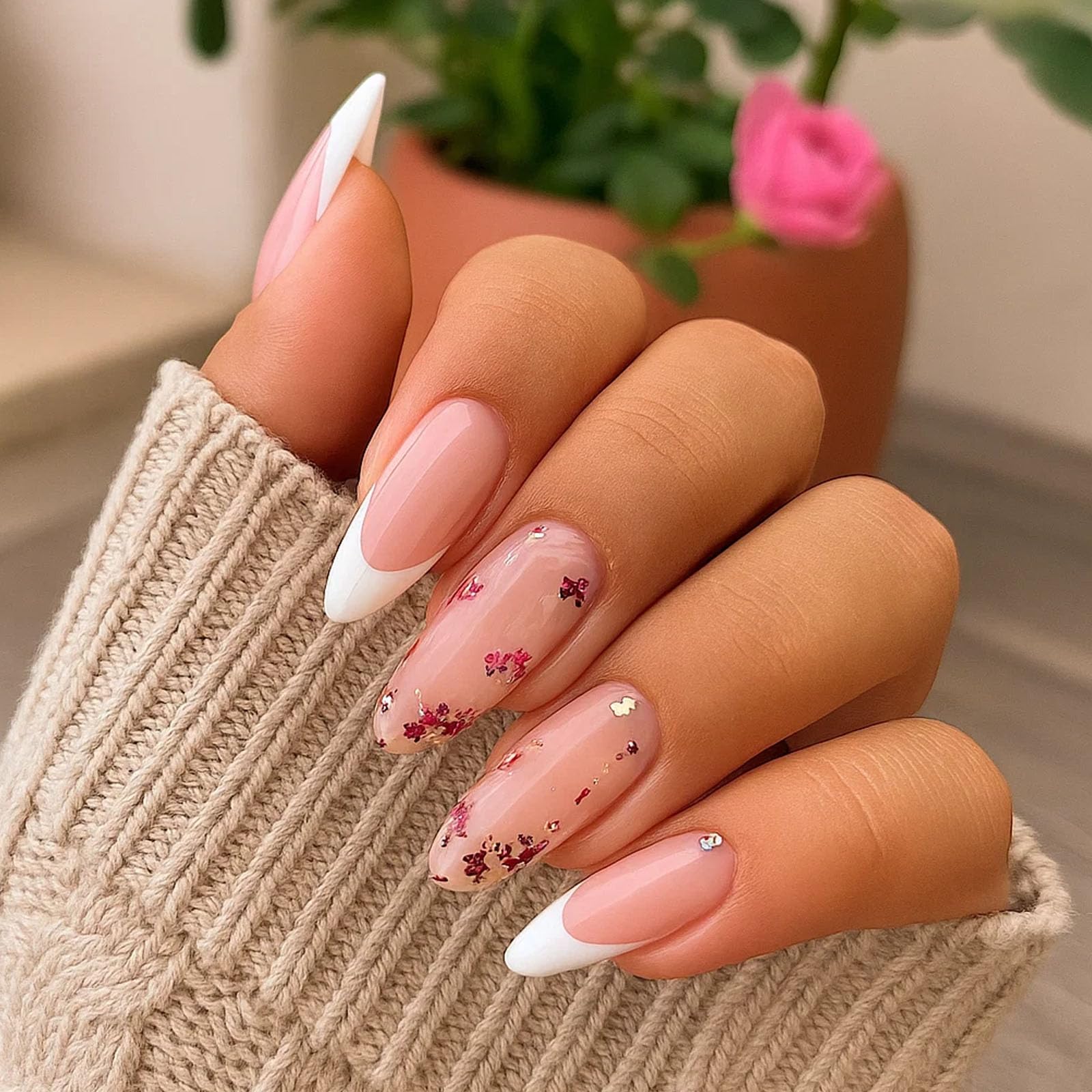 Almond-Shaped French Manicure Press-On Nails With Soft Pink Base & White Tips - Image 3