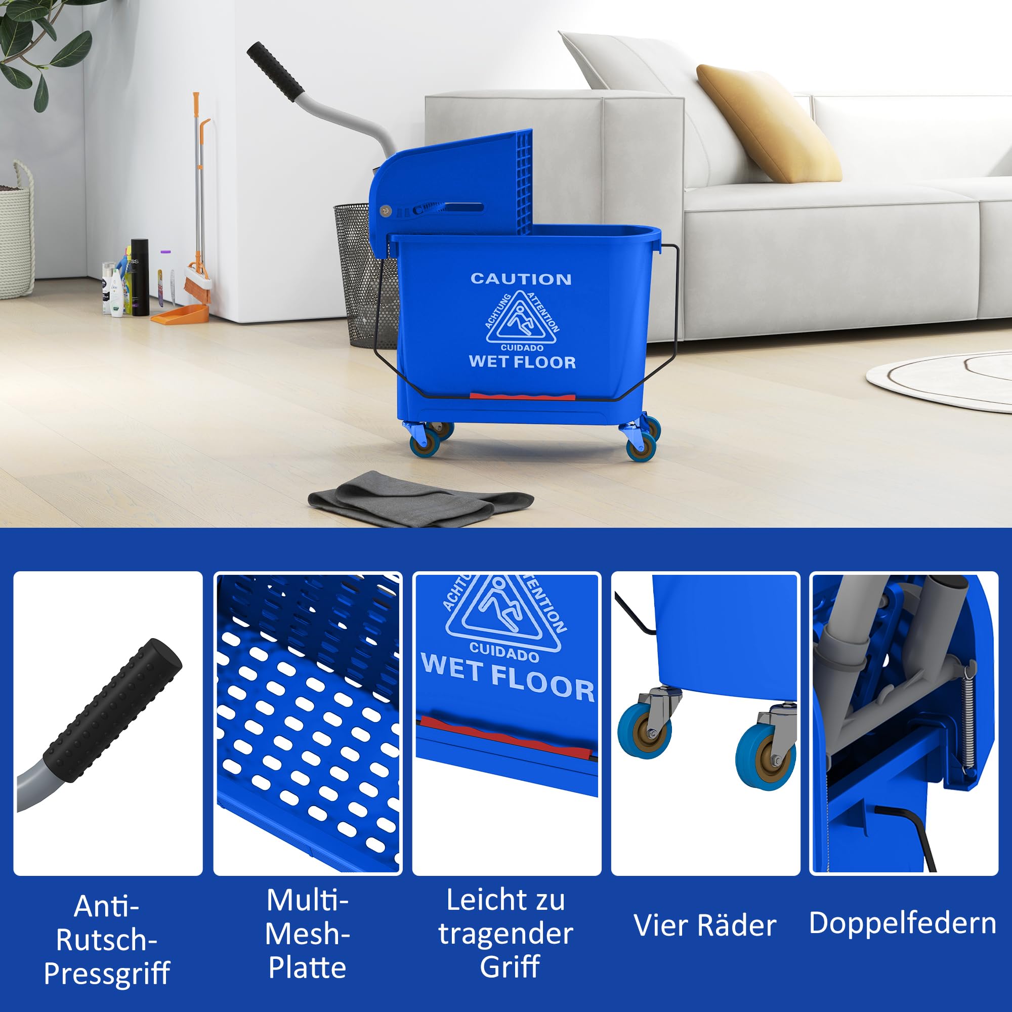 HOMCOM Putzwagen Reinigungswagen mit Wischmopp Presse 20 L Eimer mit Trennwand für Gebäudereinigung Hotel Blau