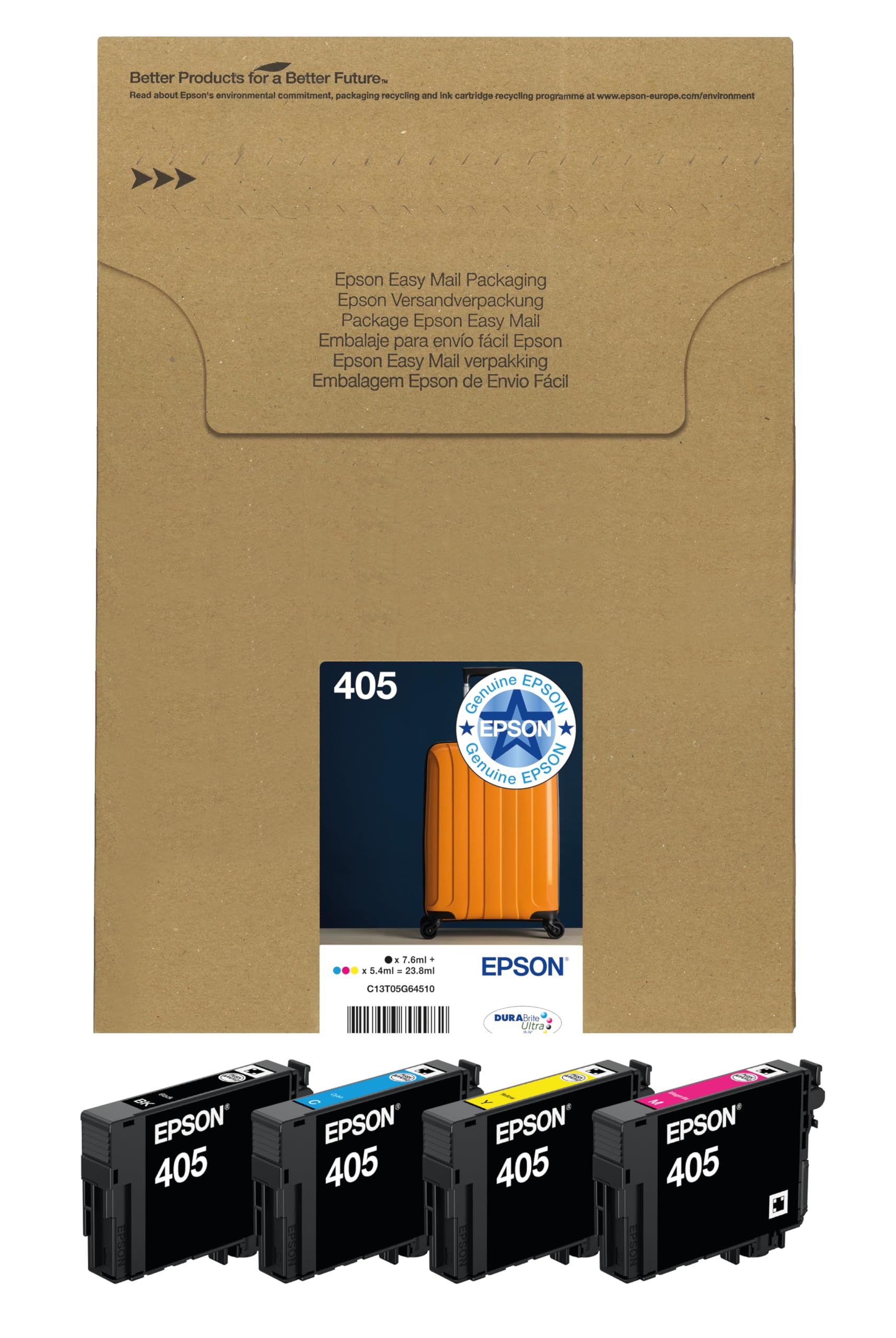 Epson 405 Suitcase Genuine Multipack, Eco-Friendly Packaging, 4-colours Ink Cartridges, DURABrite Ultra Ink
