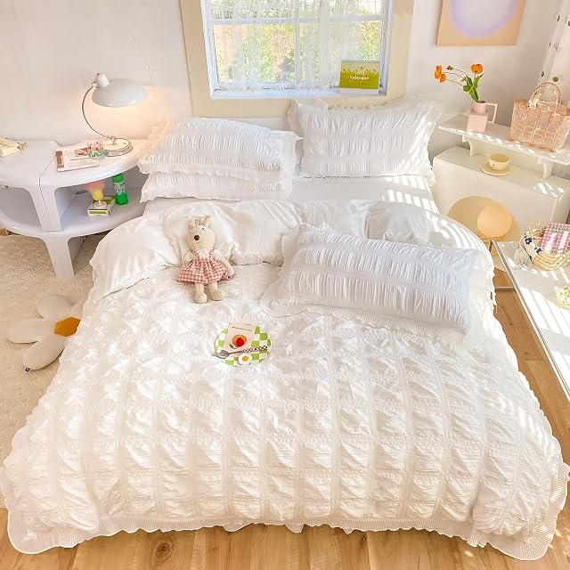 Beyeutao Lace Seersucker Duvet Cover Set White Textured Bedding Set Double Duvet Cover set Comforter Cover 3 Piece Bedding Set Duvet Cover Pillowcases.