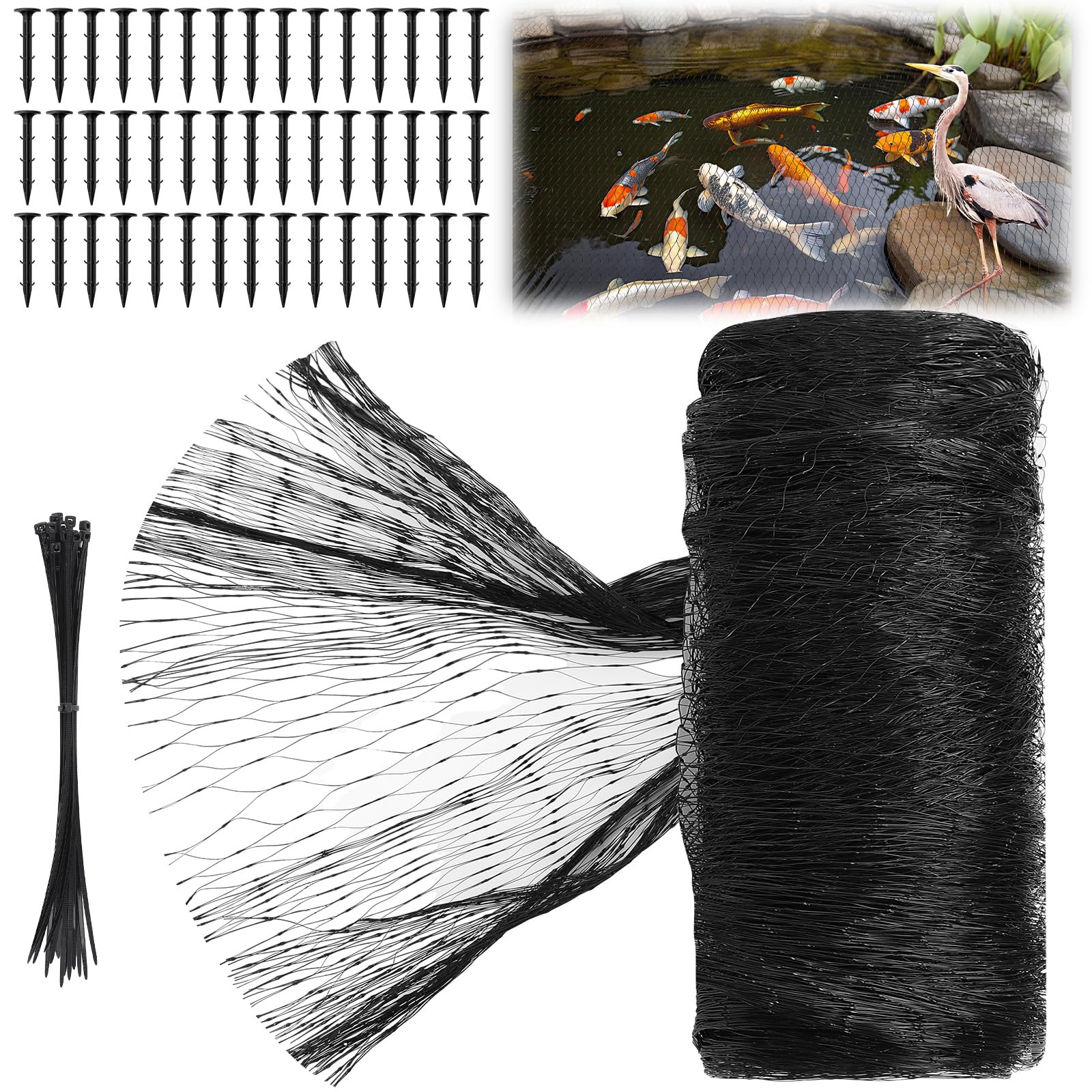 Koi Pond Netting Kit 30 x 53ft, Bird Deer Fence Netting, Durable Net Cover for Leaves, Heavy Duty Fine Mesh, Protect Fish from Blue Heron Birds, Cats &amp; Predators, 45pcs Stakes &amp; Ties Included