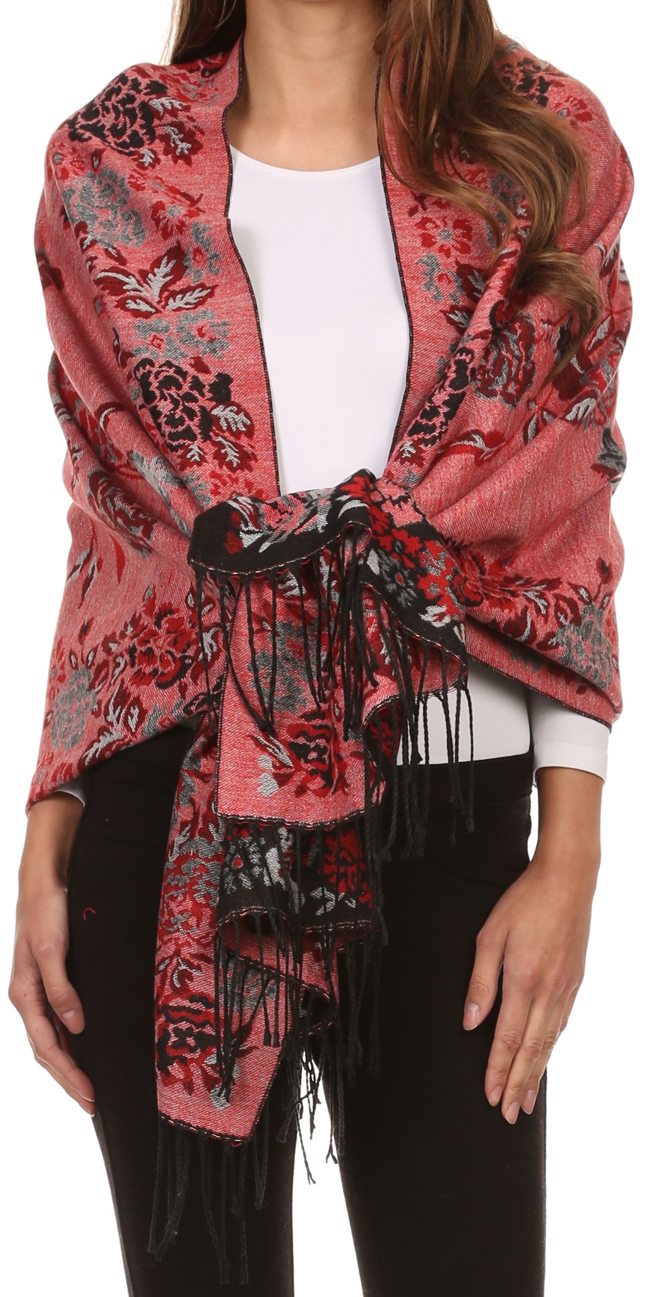 Sakkas Women's 2-Blackred Chs1810 - Ontario Double Layer Floral Pashmina/Shawl/Wrap/Stole With Fringe - Os