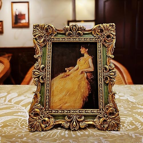 Miniatura 2 de CISOO Marco de fotos vintage de 4 x 6 pulgadas, marco de fotos antiguo y ornamentado en verde y dorado, para exhibición en mesa y pared, diseño
