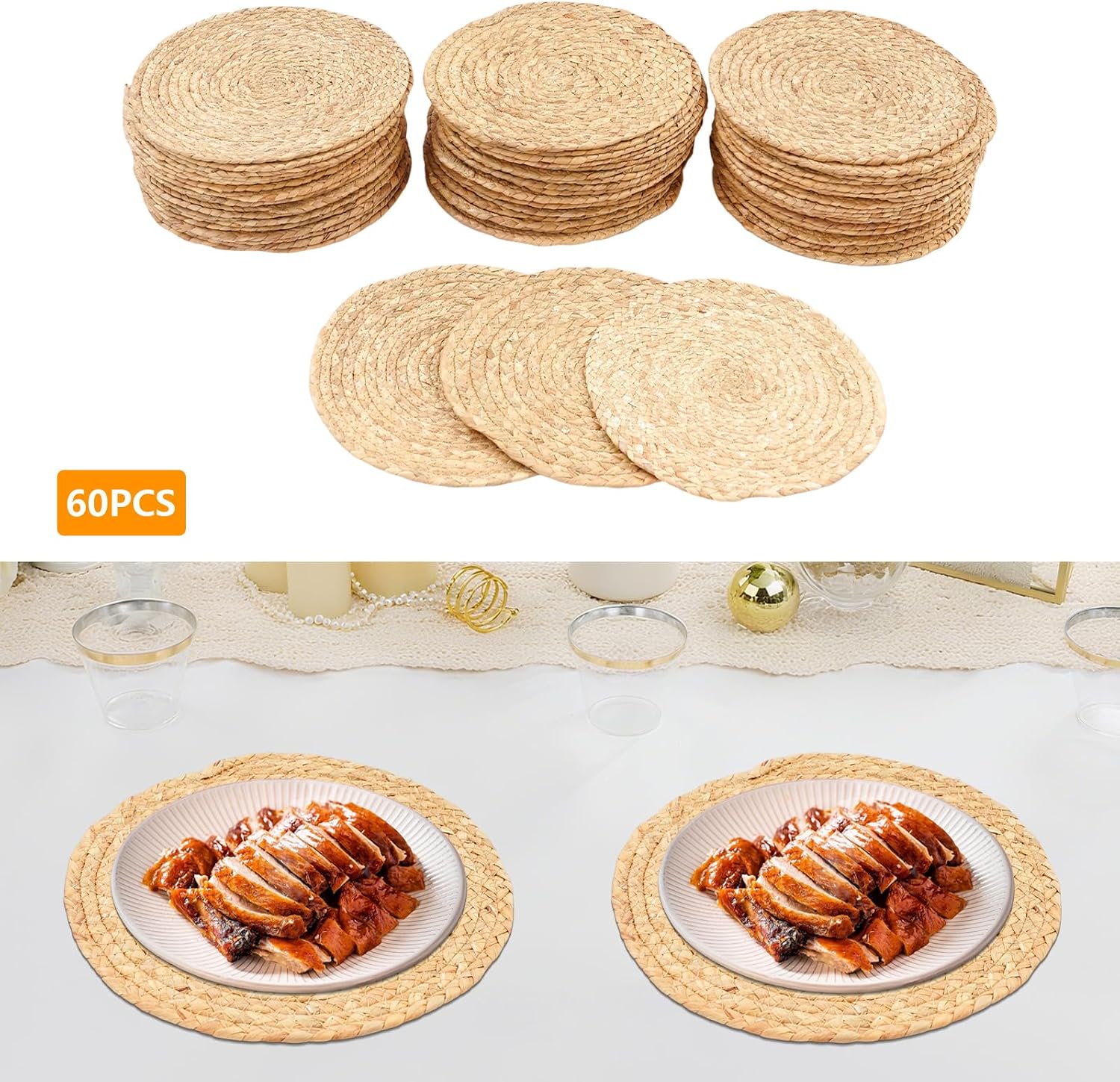 60 Pcs Woven Placemats Bulk Set, 11.8 Inch Natural Water Hyacinth Place Mats, Round Braided Rattan Tablemats, Rattan Wicker Table Mats, Wicker Chargers for Dinner Plates (60)