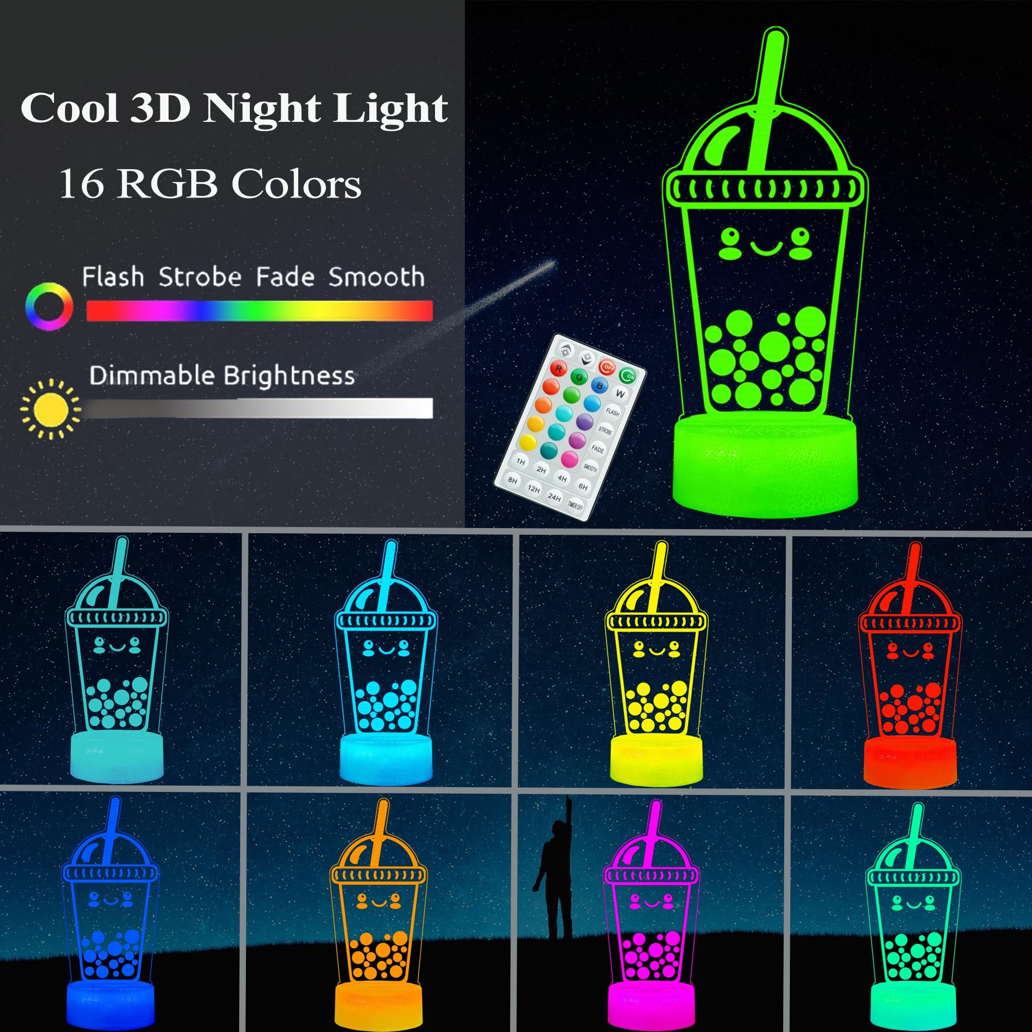 POSSHE Boba Lamp, Boba Gifts, Boba 3D Night Light with Remote Control, 16 Color Changing, RGB Flicker Mode, Dimmable - Image 2
