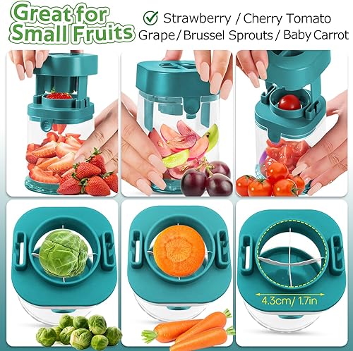 Miniatura 6 de Cortador de frutas pequeño, cortador creativo de fresas y uvas, para hacer rápidamente ensalada de frutas y verduras (verde azulado oscuro)