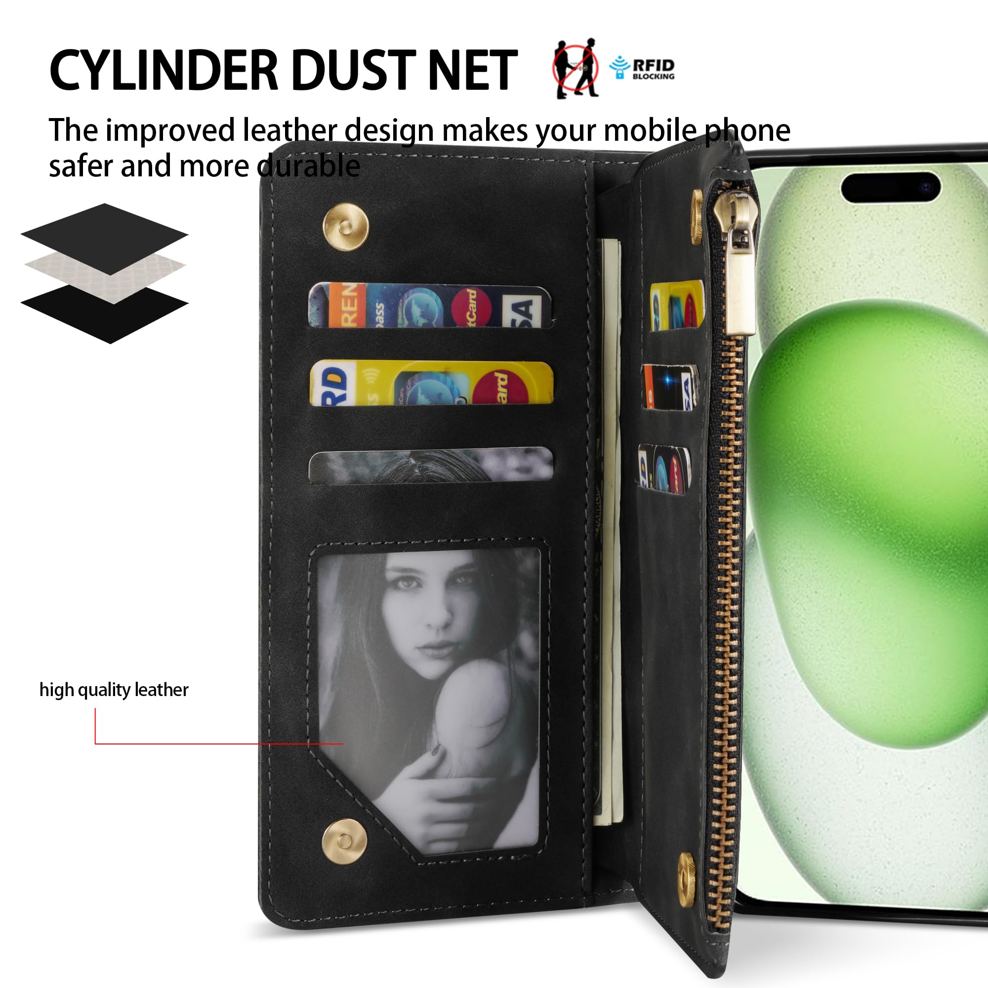 ZZXX Leder-Hülle Für IPhone 15 (6,1 Zoll) Mit RFID-Schutz, 3 Kartenschlitzen & Ständer | Grün, Magnetischer Verschluss