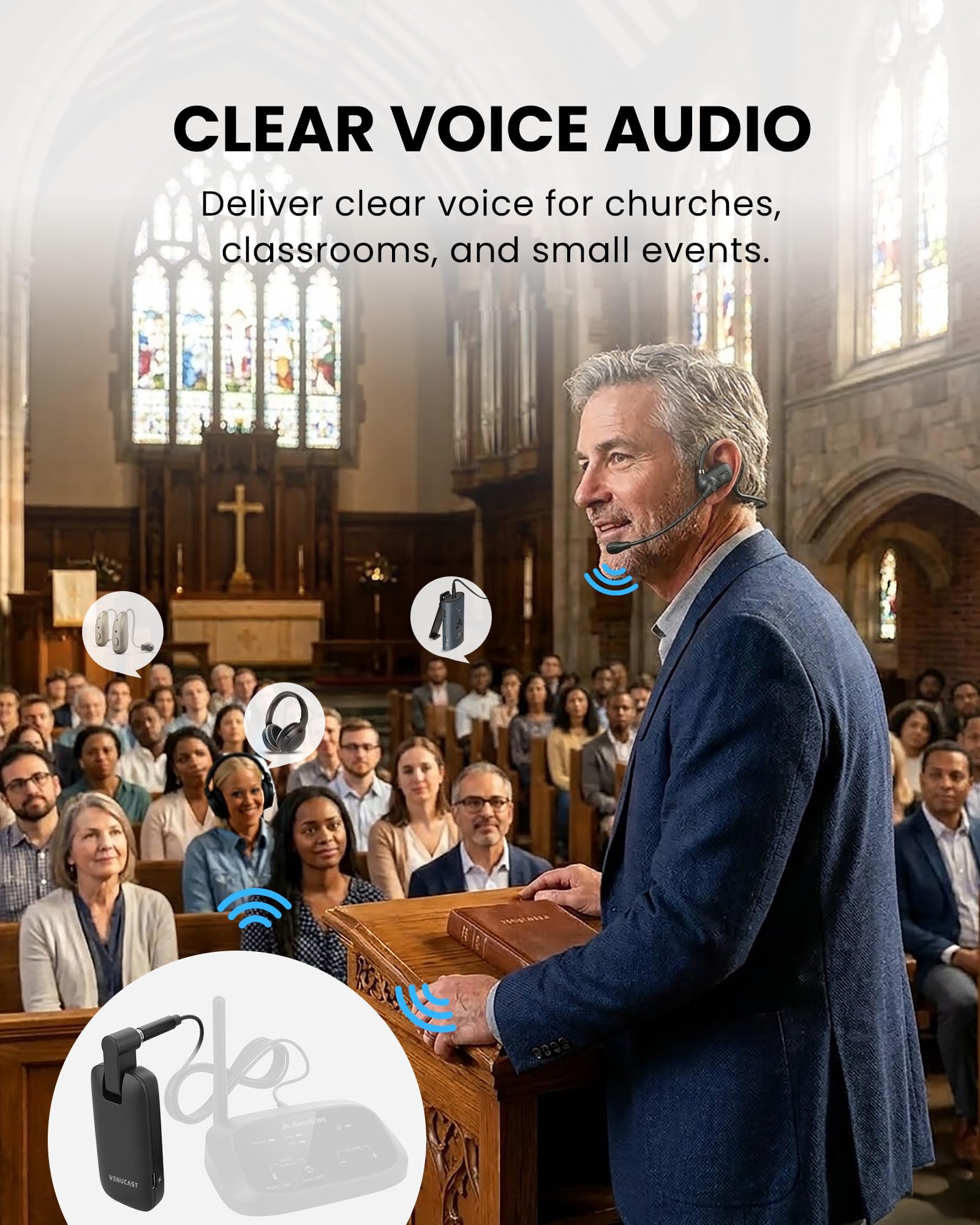 Venucast FreeMic W - Sistema de Micrófono Headset inalámbrico para Sincronización de Voz para Enseñanza & Eventos, Plug & Play para Altavoz Activo, Mezclador & Transmisor con 3,5mm AUX o 6,35mm, 20m