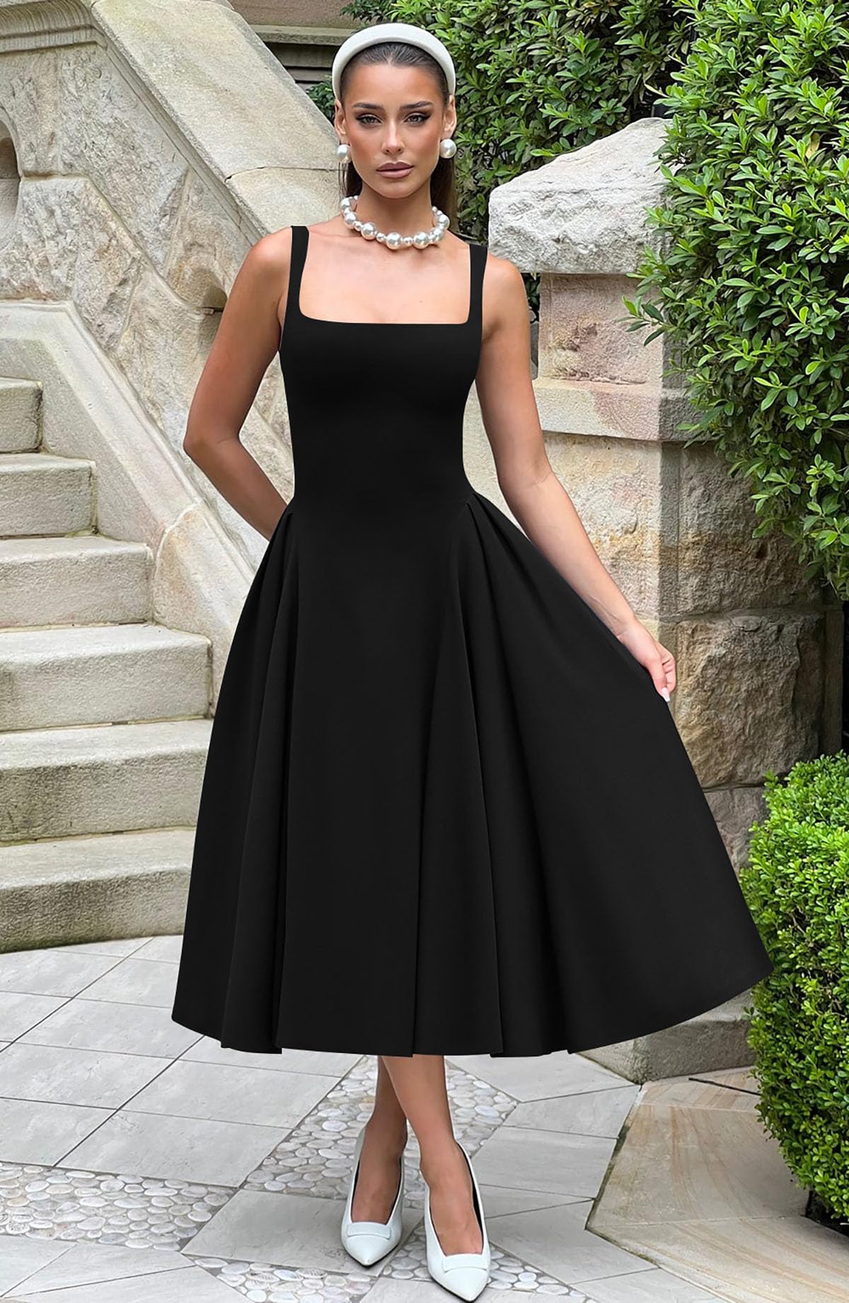 Memoriesea Women's Elegant Square Neck Swing A Line Wedding Evening Party Midi Dress