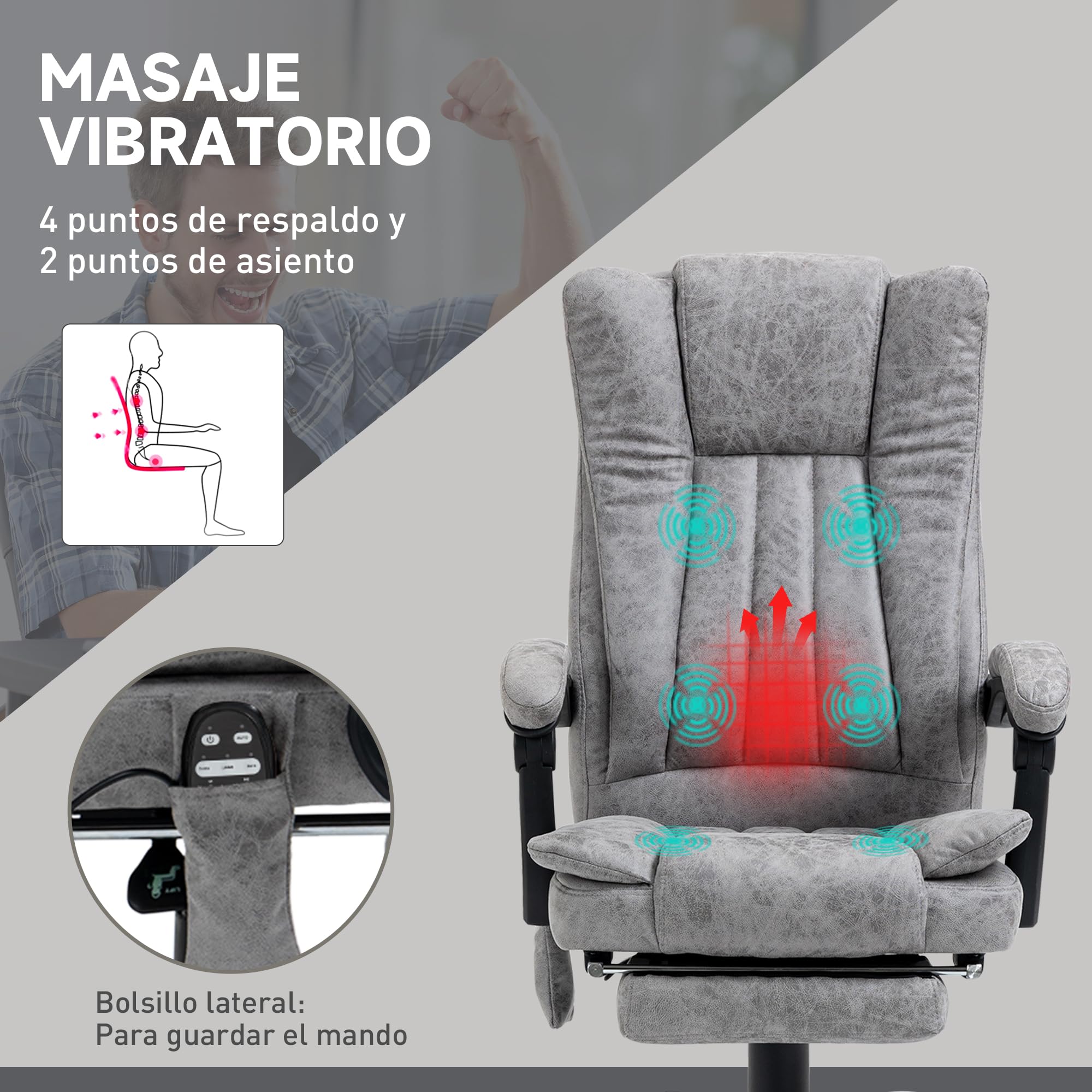 Vinsetto Silla de Oficina con 6 Puntos de Masaje, Reclinable 135º, Gris | Silla de Escritorio Giratoria, Masaje Vibratorio, Función Calefacción, Reposapiés Retráctil, Altura Ajustable, Control Remoto