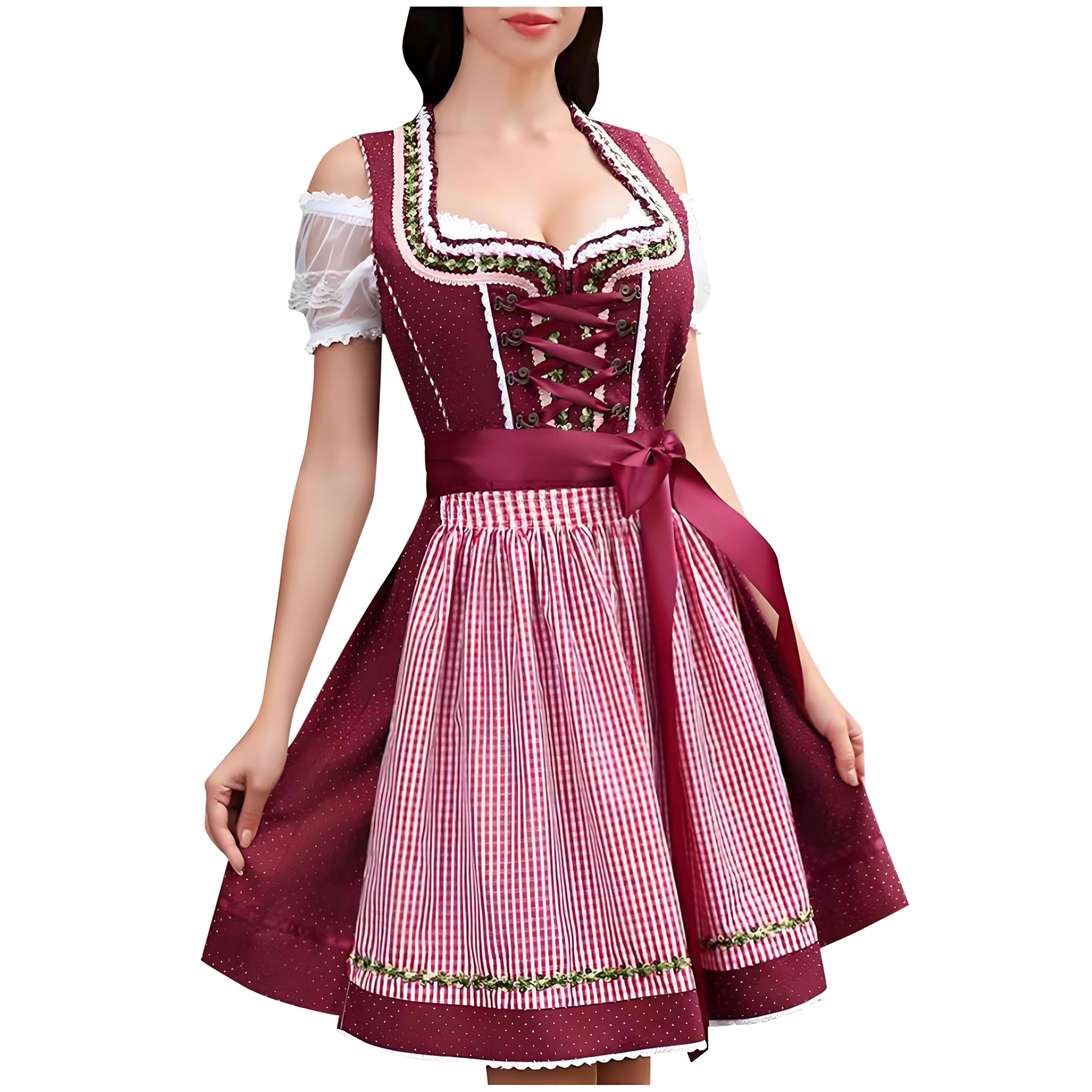 DRALOFAO Dirndl Kleid Für Damen Oktoberfest Outfit Festlich Rot SchwarzGrün Grasse Größen Verfügbar