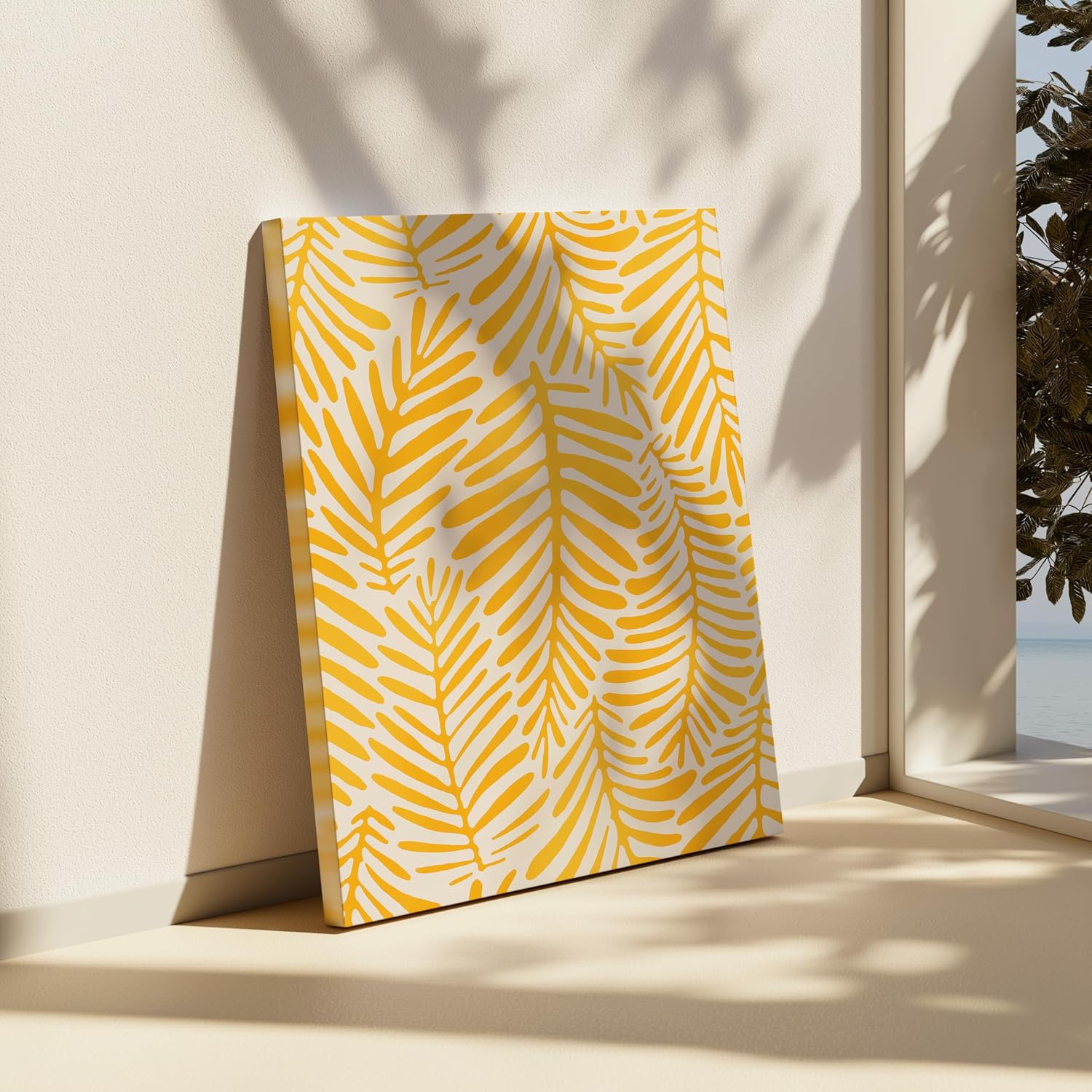 Poster Master Tropical Leaves Canvas - Yellow Leaves Print - Abstract Art - Textile Pattern Design - Modern Chic Boho Art - Aesthetic Bedroom or Living Room Wall Decor - 8x10 STRETCHED Canvas