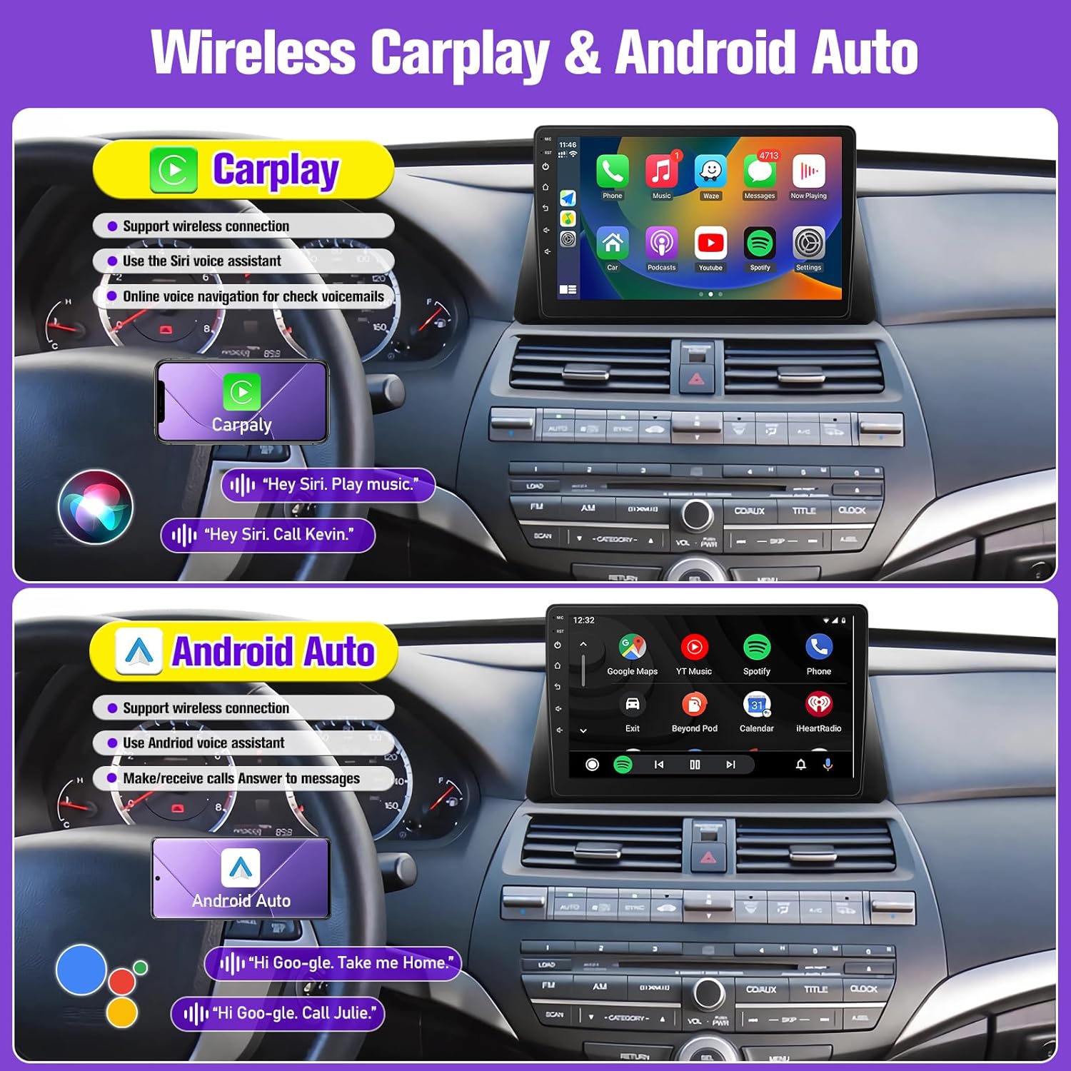 Leadfan 4G+64G Car Radio for Honda Accord 8th 2008 to 2013 with Wireless CarPlay Android Auto, 10.1inch Screen for Honda Accord Car Play with Bluetooth GPS Backup Camera