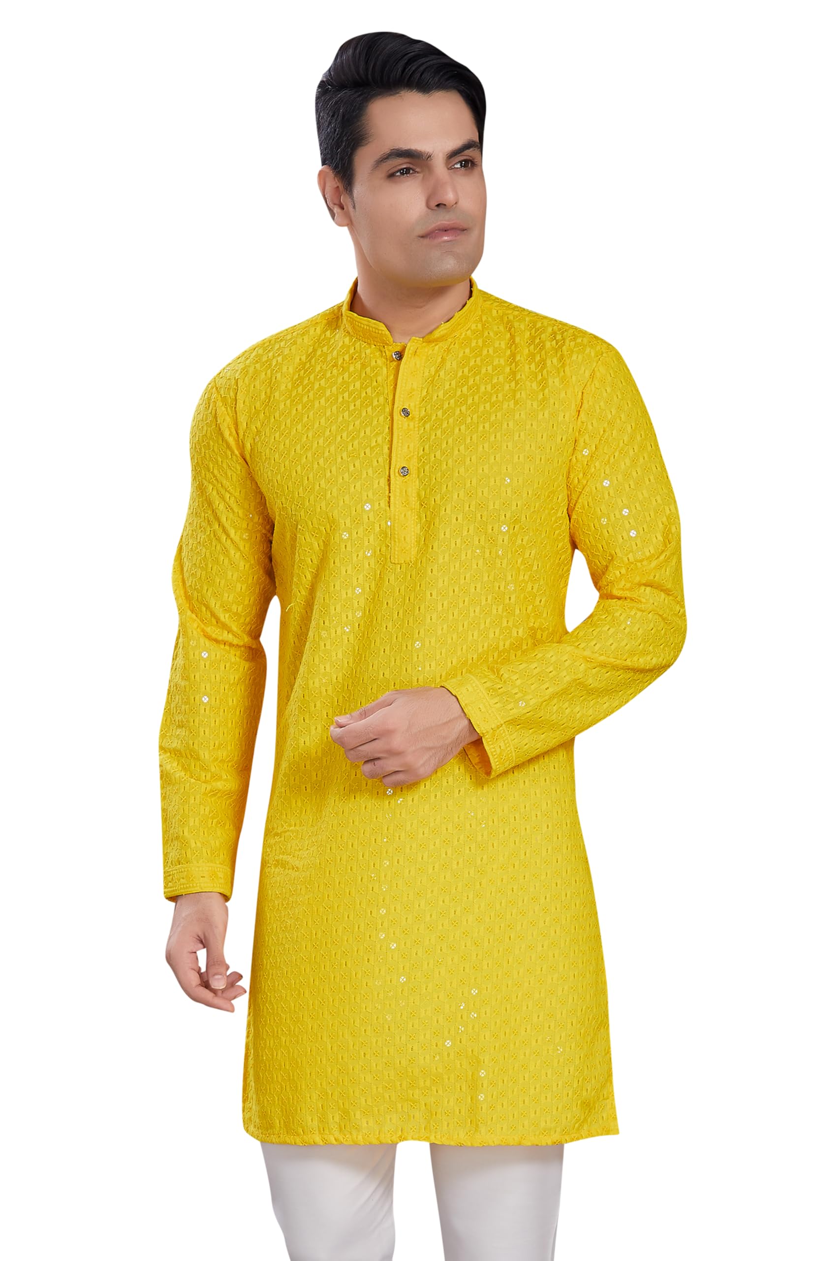Divisive Men's Sequince Embroidered Cotton Blend Only Slim Fit Kurta (Dkrt551_Xl_Yellow)