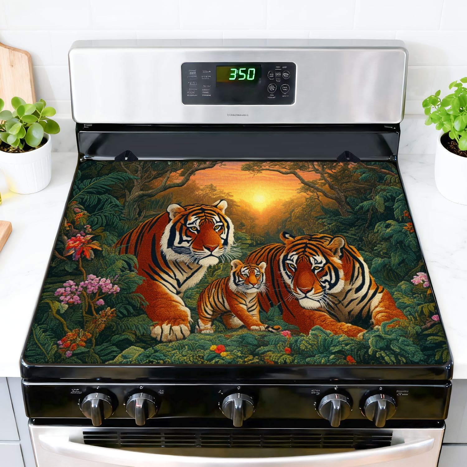 Stove Top Covers for Electric Stove Tropical Jungle Animals Tigers Fierce Heat resistant Sunset Flora Glass Cooktop Burner Covers Heat Resistant Protector Kitchen Decor Keep Stove Clean 28''x20''