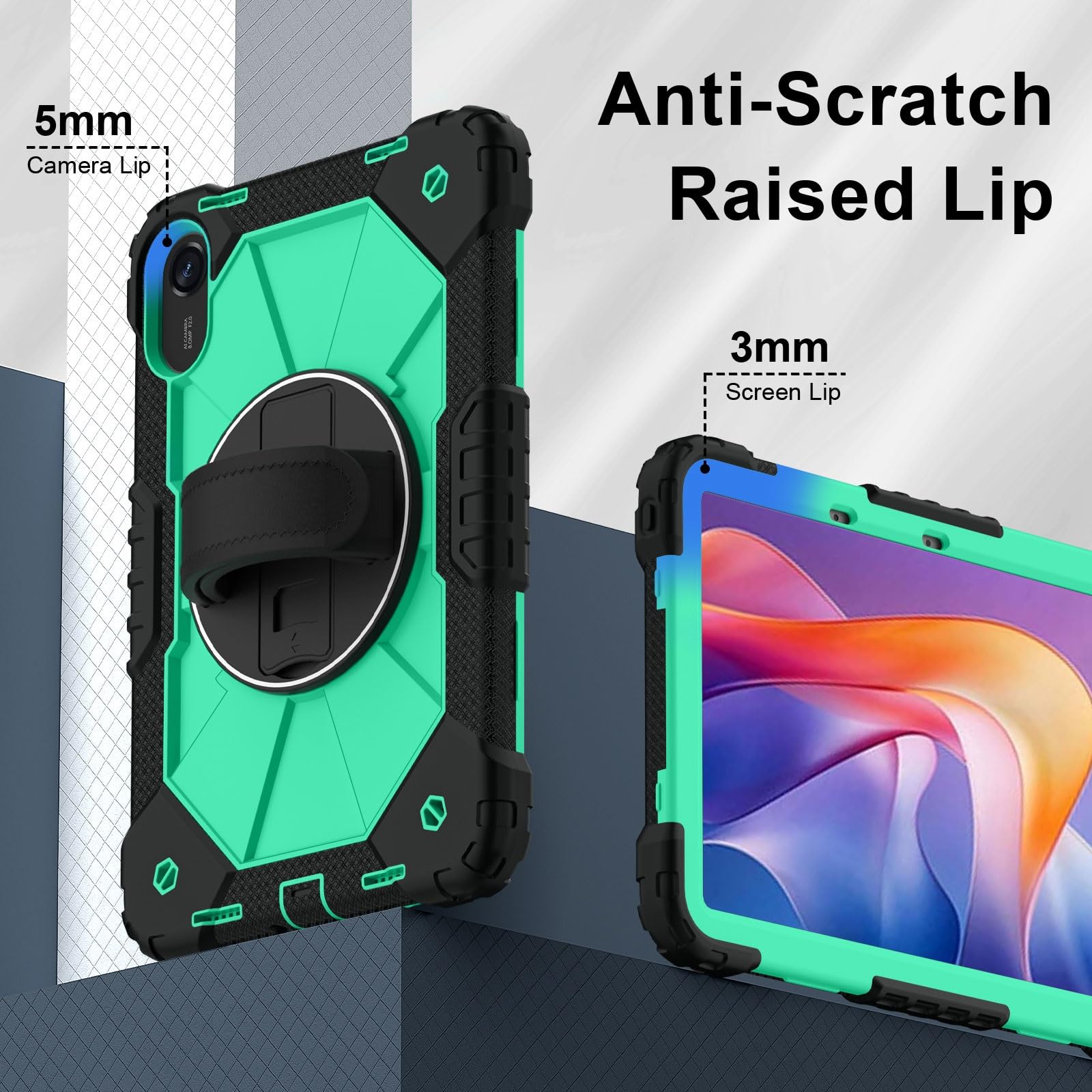 Do Xiaomi Redmi Pad 2 11 cali (2025) Odporna na wstrząsy, wytrzymała obudowa hybrydowa z silikonu obrotowym stojakiem 360°, silikonowa osłona poliwęglanu regulowanymi paskami ramię/nadgarstki(Ye?il)