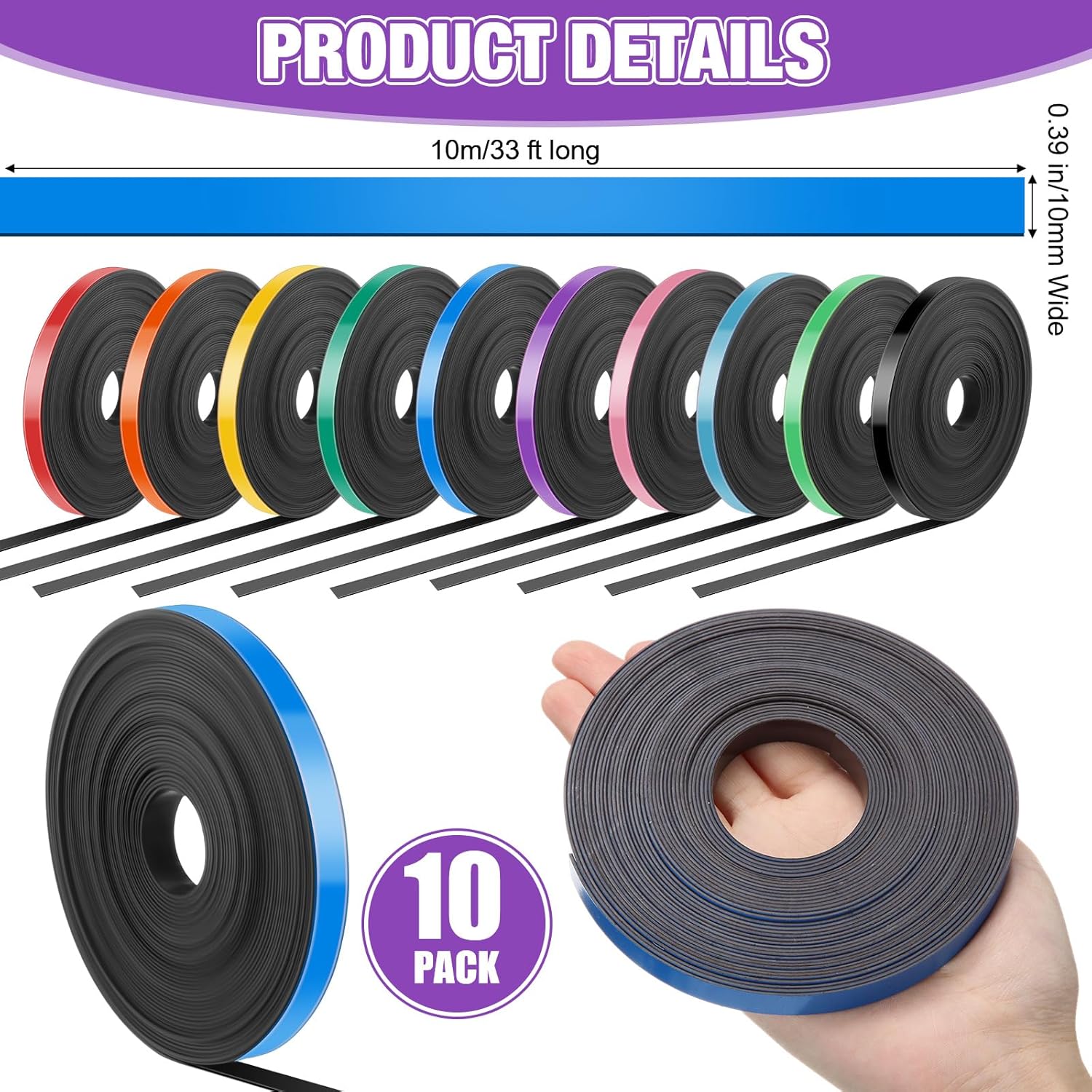 10 Rolls Whiteboard Magnetic Strips Roll Thin Strips 0.39 in x 16.4 ft Dry Erase White Board Magnetic Tape Graphic Decorative Tape Thin Magnet Board Dividers for Office Art Accessories