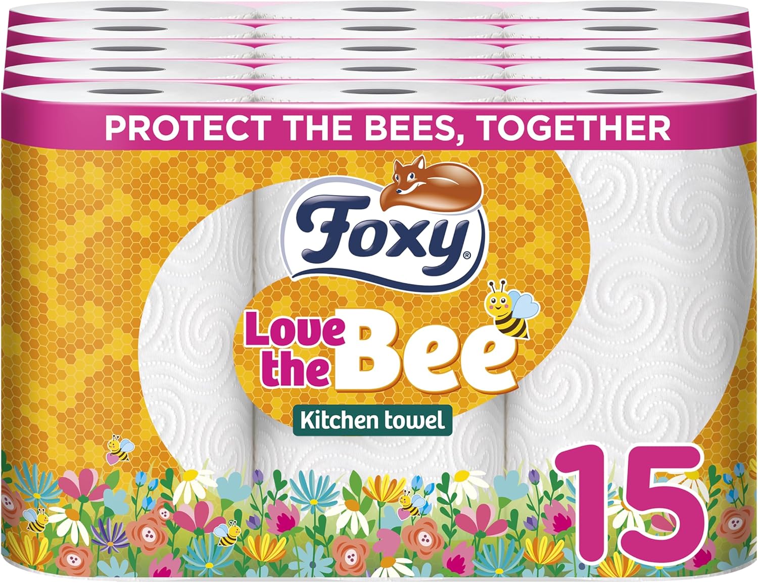 Foxy Love the Bee | 3 Ply | Toilet Paper 45 Rolls | 167 Services Per Roll | FSC Certified | 100% Renewable Electricity | Recyclable Packaging Made with Recycled Plastic
