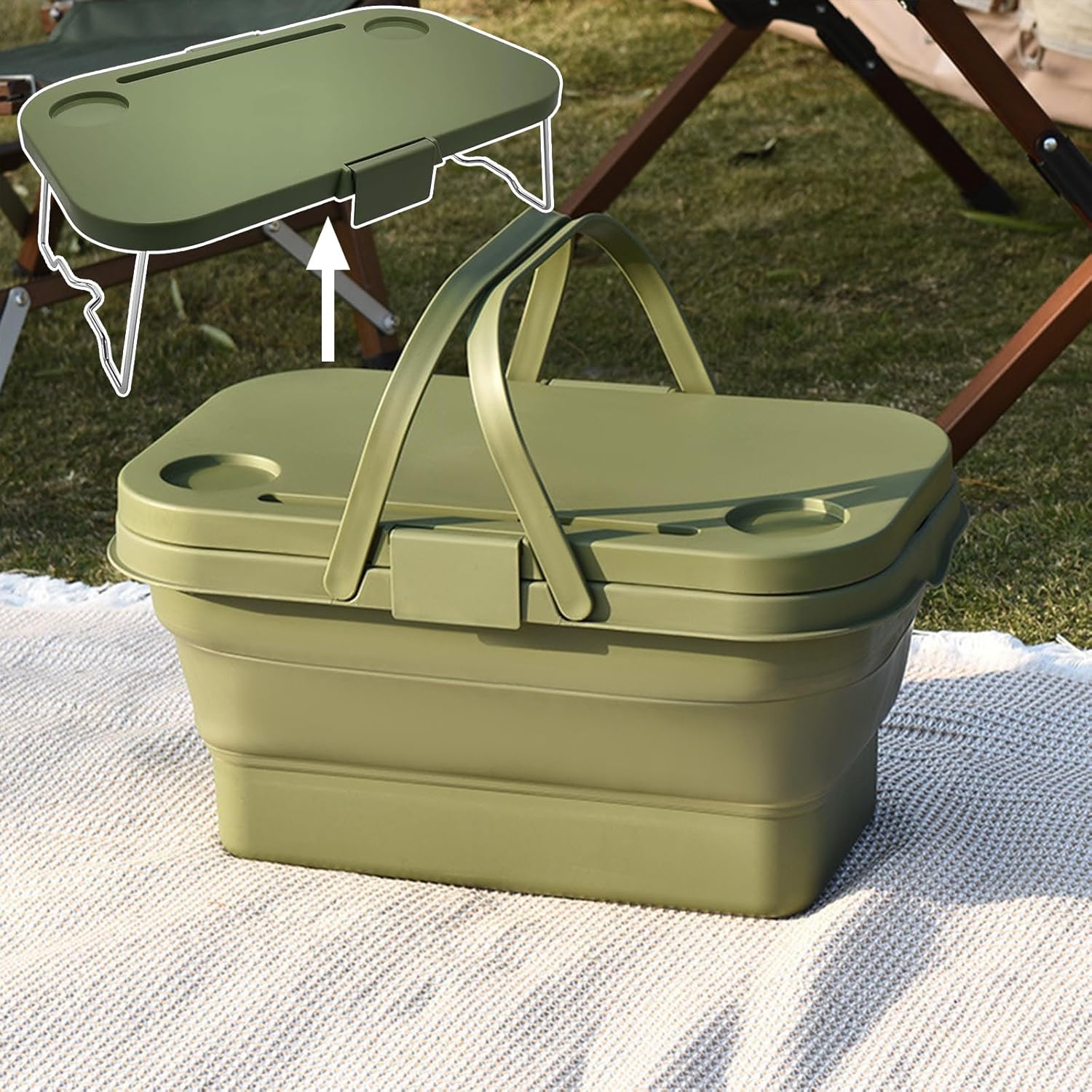 Collapsible Picnic Basket, Collapsible Picnic Basket with Handles (with Table Lid), Collapsible Garden Basket, Collapsible Harvest Basket for Camping, Beach, Hiking, and Outdoor Dining (Gray)