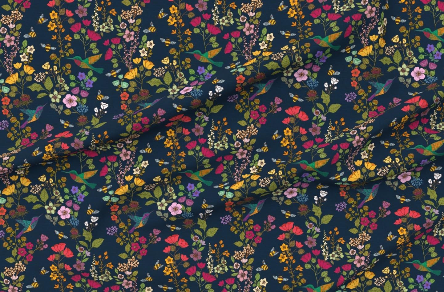 Spoonflower Fabric - Victorian Botanical Garden Honeybees Chinoiserie Jewel Tones Printed on Petal Cotton Fabric Fat Quarter - Sewing Quilting Apparel Crafts Decor