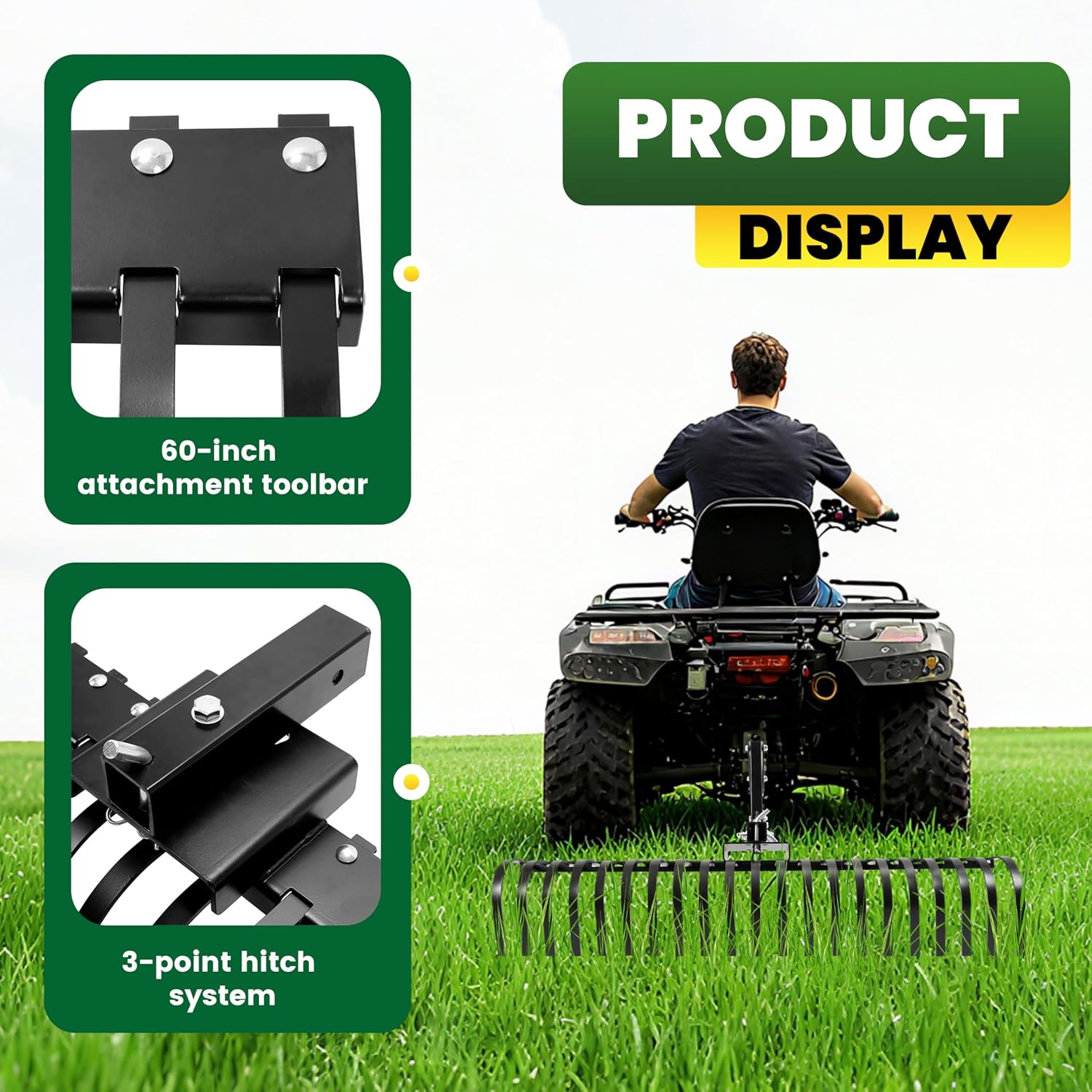 ECOTRIC 60" Landscape Rake, 3 Point Hitch System Fit for 2 Inch Receiver,Adjustable Lawn Dethatcher Rake Attaches to 48" or 60" for Grass, Leaves, Debris, Leveling Dirt and Gravel