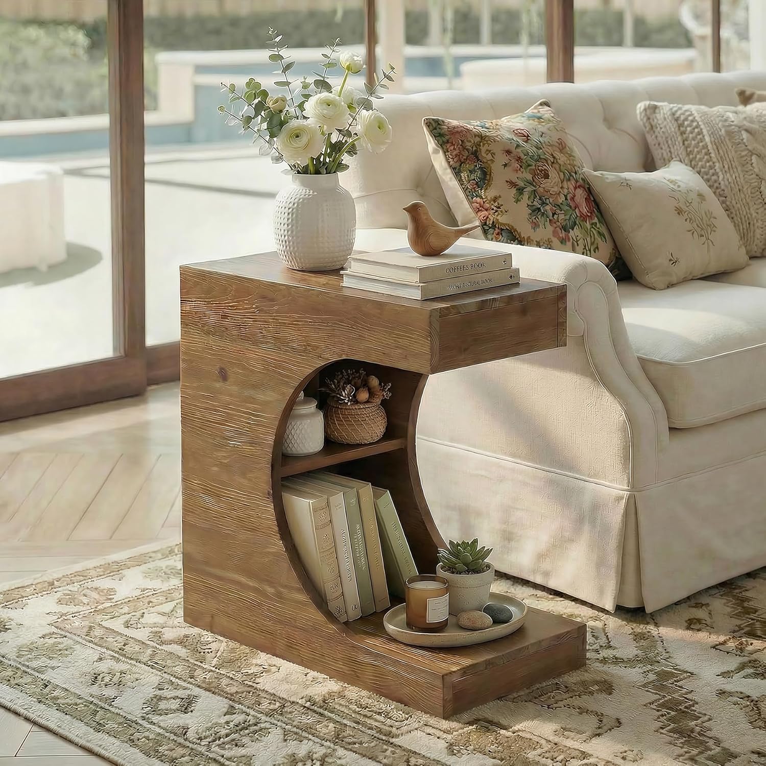 Solid Wood End Table, Modern C-Shaped Side Table with 2-Tier Storage, Minimal Rustic Couch Bedside Table Nightstand for Small Spaces, Living Room, Bedroom, Natural