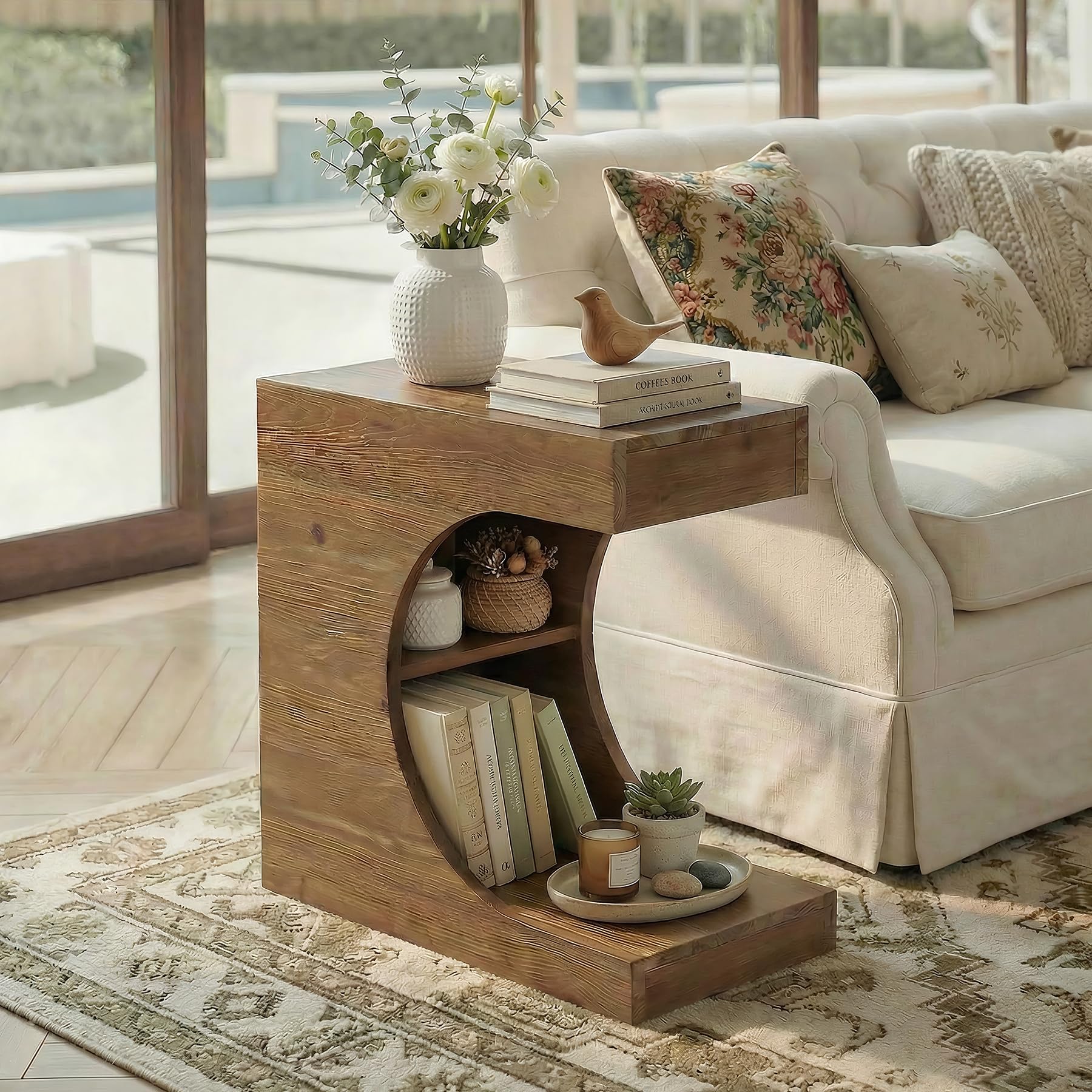 Solid Wood End Table, Modern C-Shaped Side Table with 2-Tier Storage, Minimal Rustic Couch Bedside Table Nightstand for Small Spaces, Living Room, Bedroom, Natural