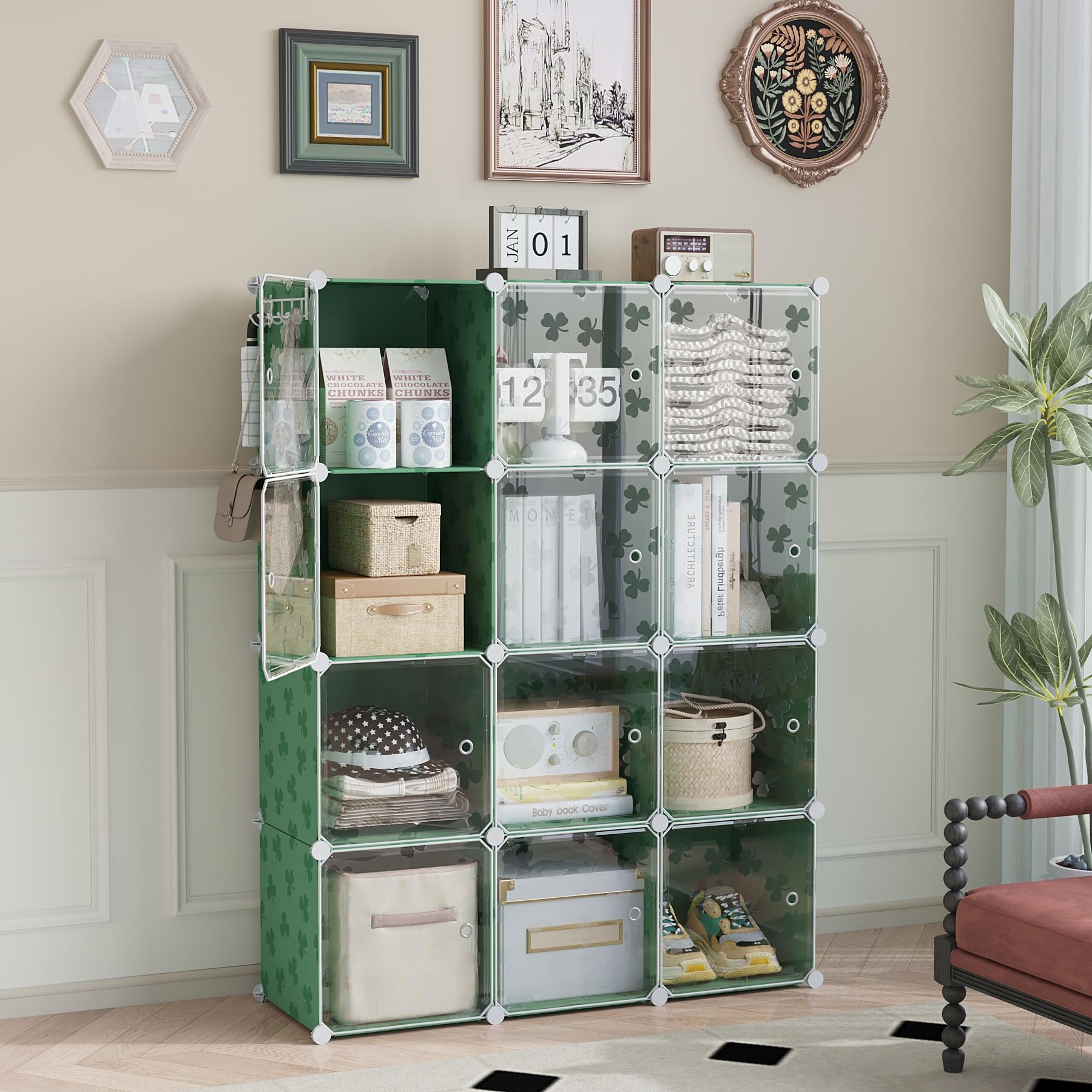 C&AHOME Organizzatore di contenitori a cubo con ante, ripiani a 12 cubi, armadio, libreria modulare in plastica fai-da-te ideale per camera da letto, soggiorno, verde